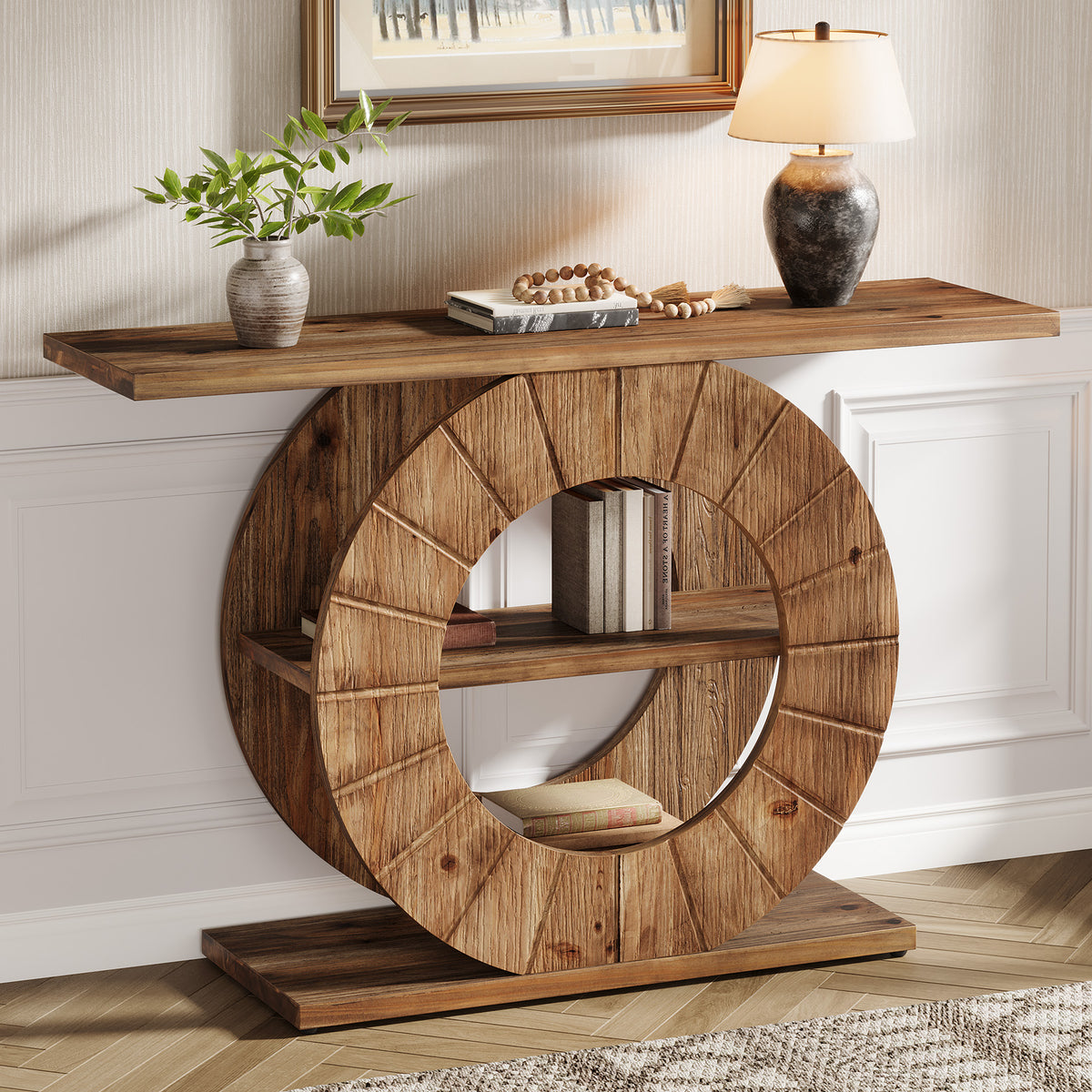 105cm Console Table, Solid Wood 3-Tier Entryway Table with Circular Base