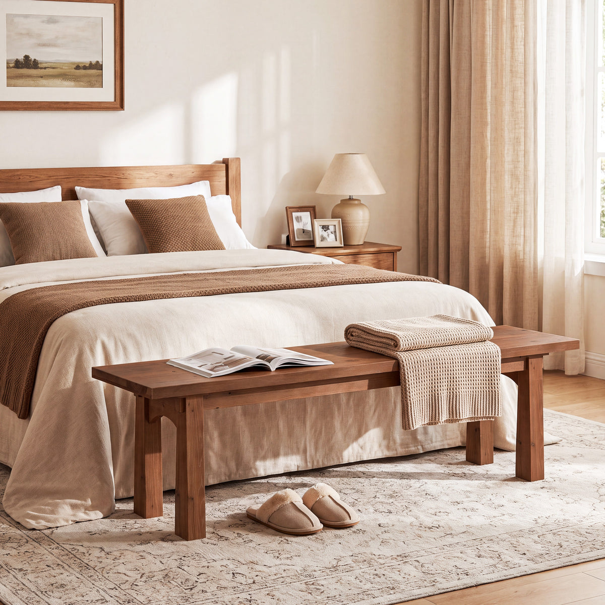 140cm Entryway Bench, Solid Wood Farmhouse Shoe Bench for Hallway & End of Bed