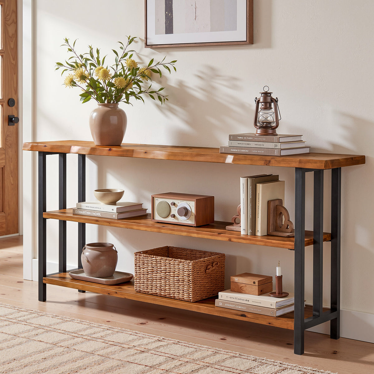 160cm Console Table, Solid Wood Live Edge 3-Tier Rustic Hallway Sofa Table