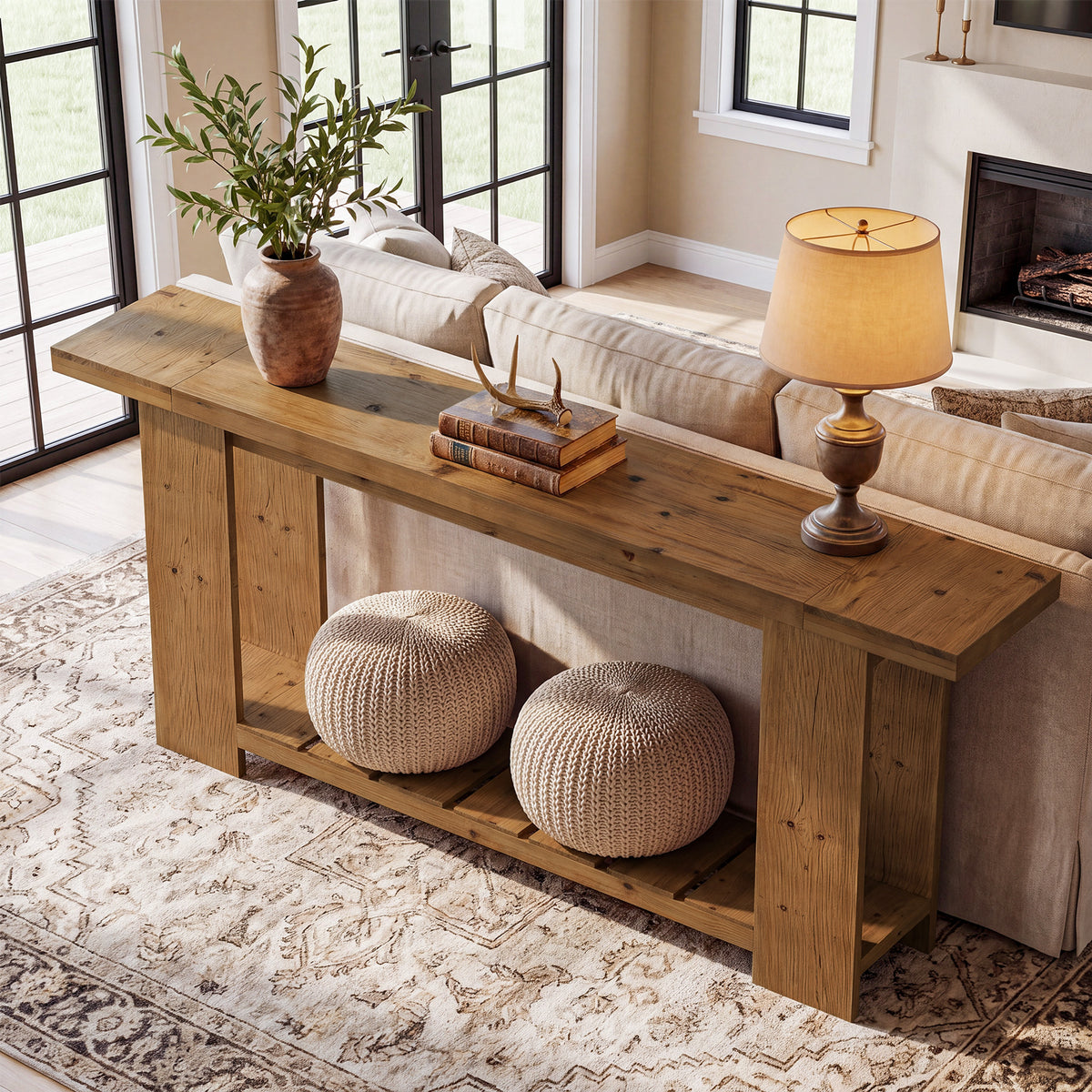 200cm Console Table, Solid Wood Farmhouse Sofa Entryway Table with 2-Tier Storage