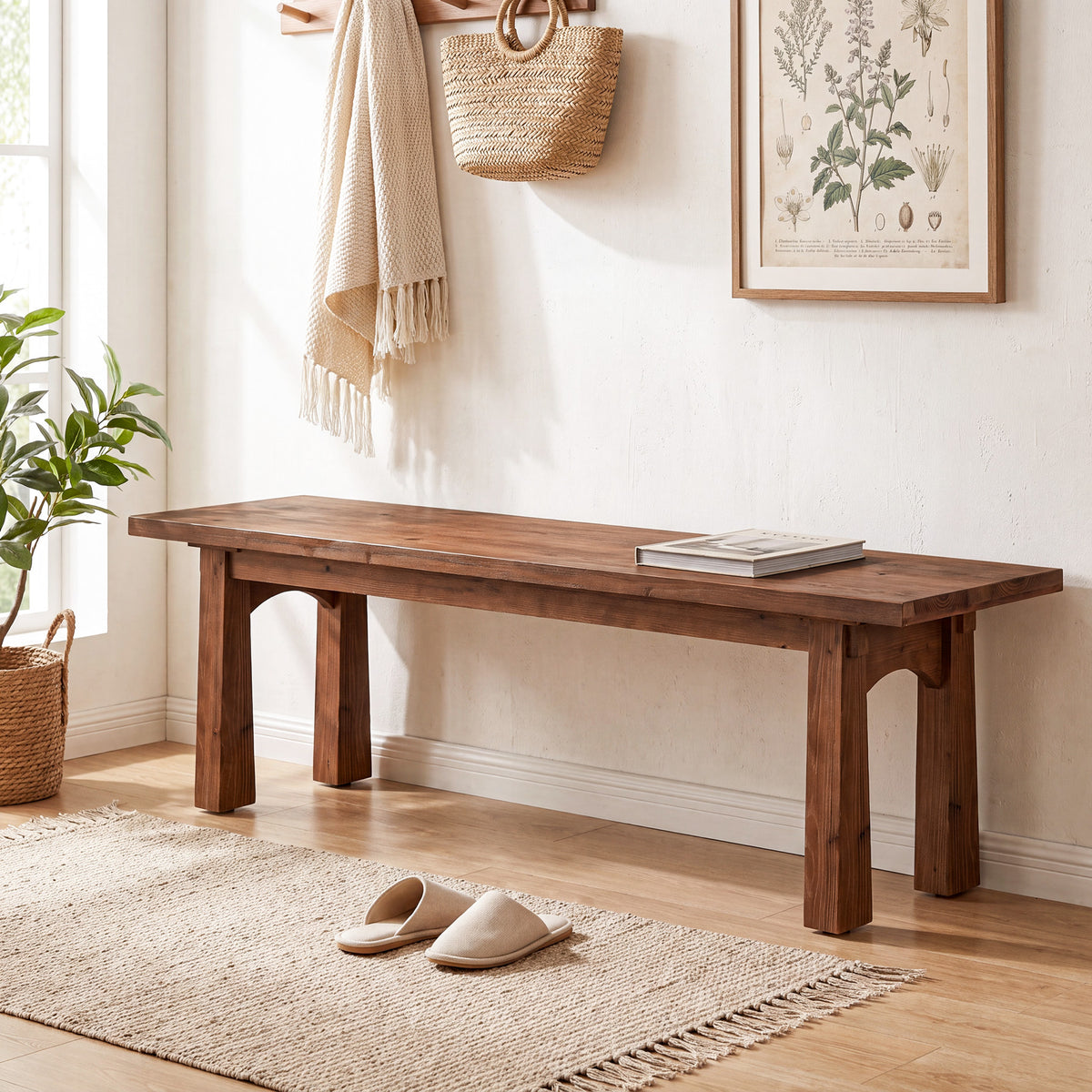 140cm Entryway Bench, Solid Wood Farmhouse Shoe Bench