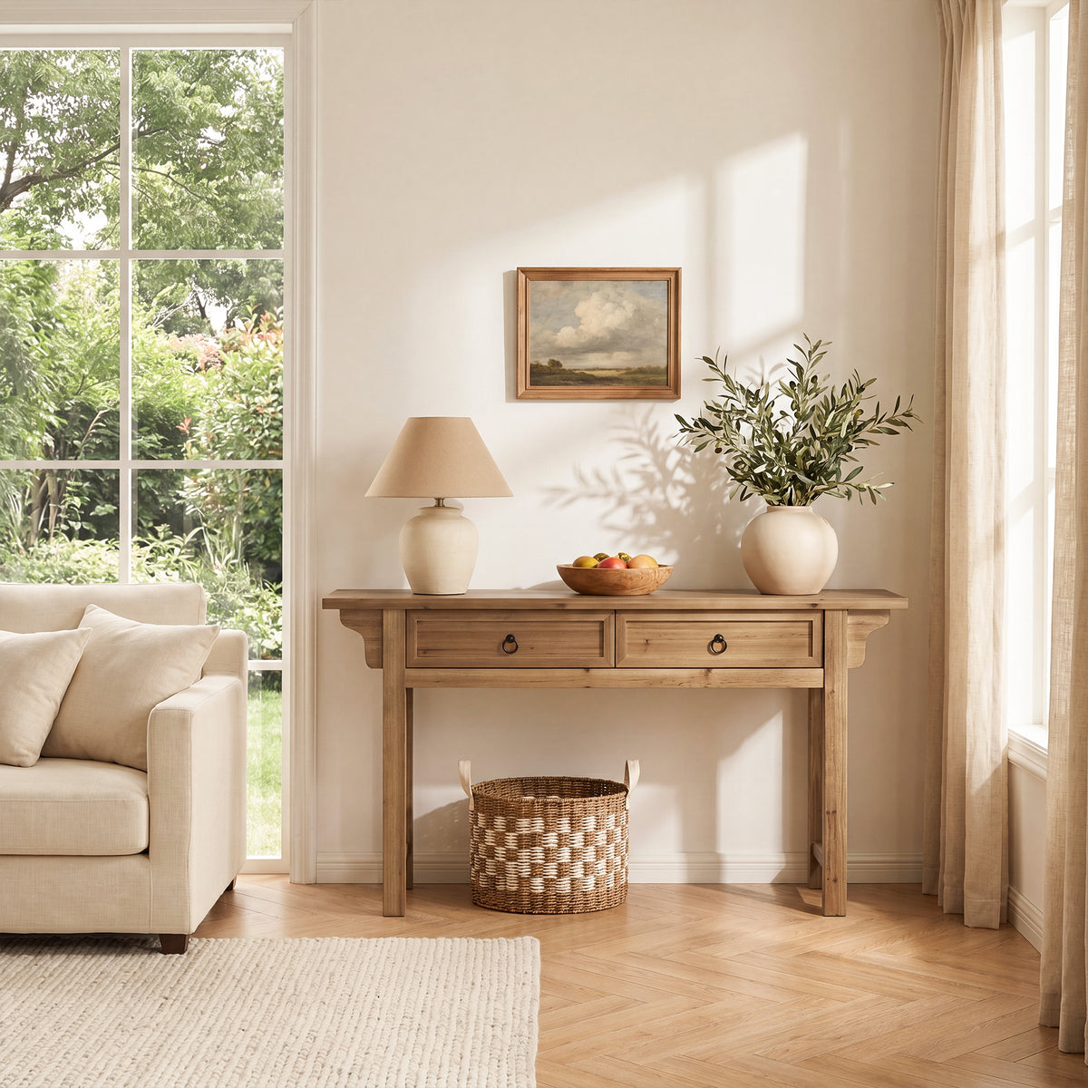 160cm Console Table, Solid Wood Narrow Hallway Table with 2 Drawers & Storage