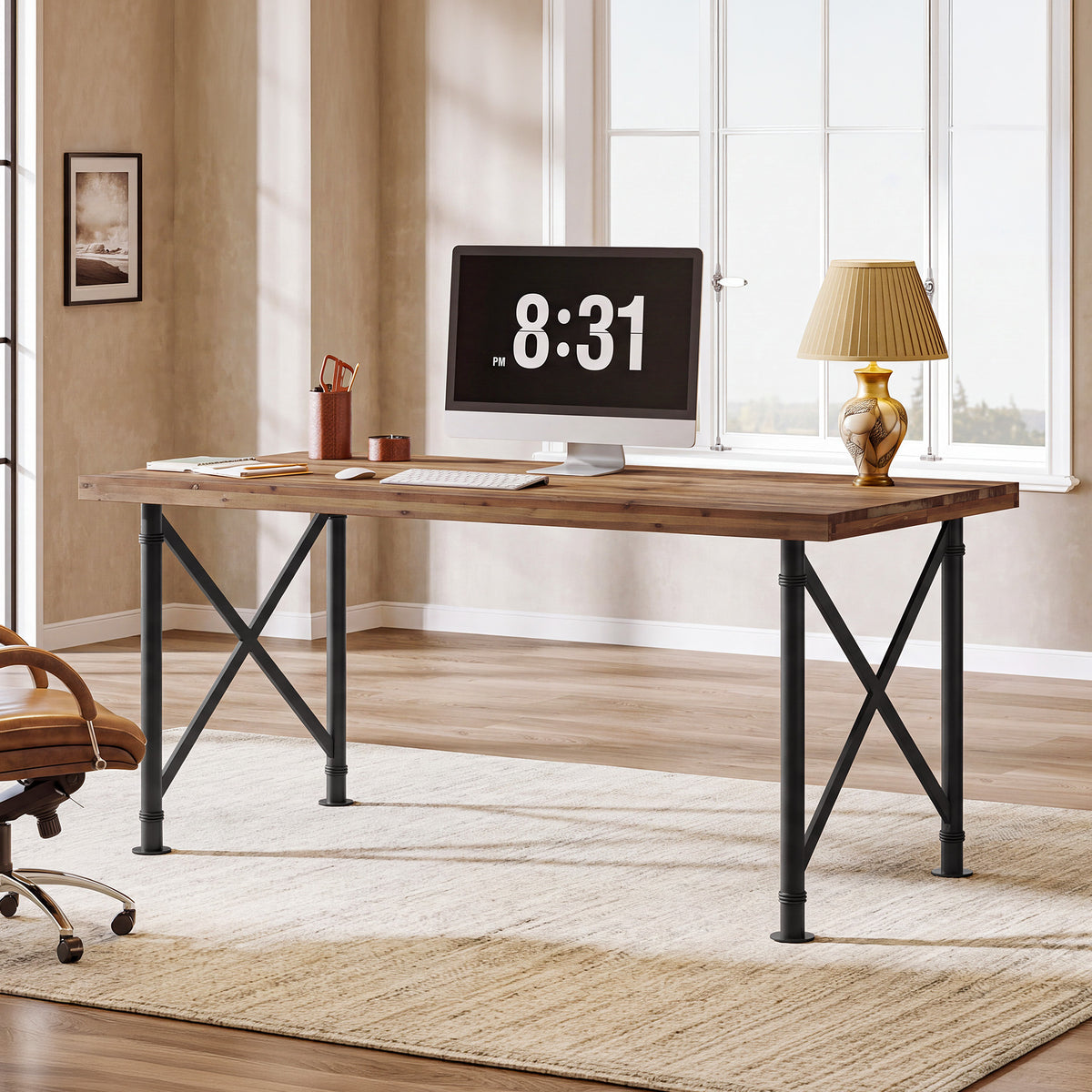160cm Computer Desk, Solid Wood with X-Frame Metal Base for Home Office