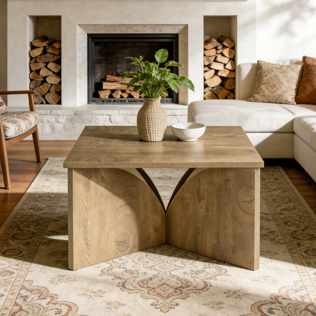 80cm Square Coffee Table, Rustic Wooden Living Room Table with Sturdy Base