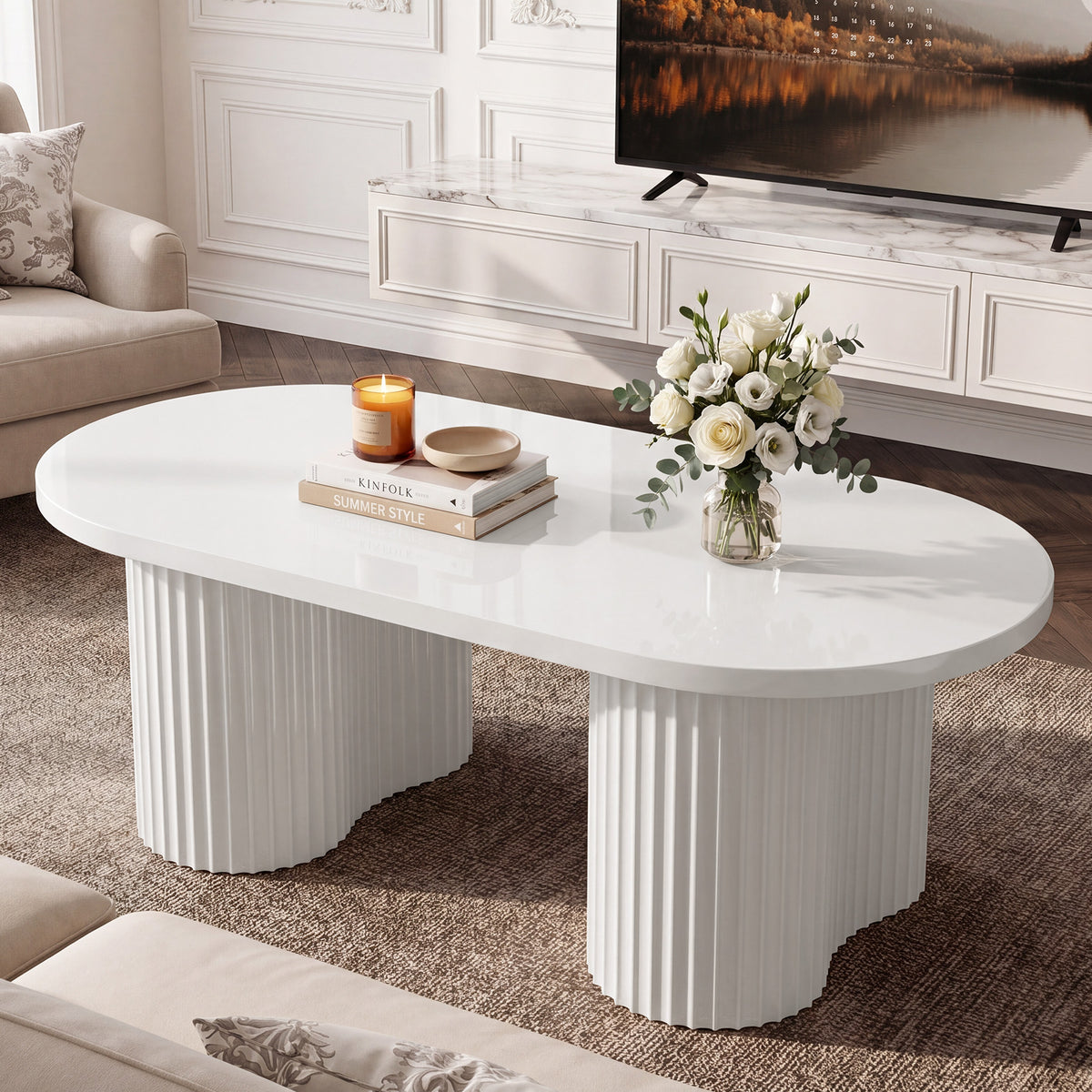 120cm Oval Coffee Table, Modern White Fluted Centre Table for Living Room & Office