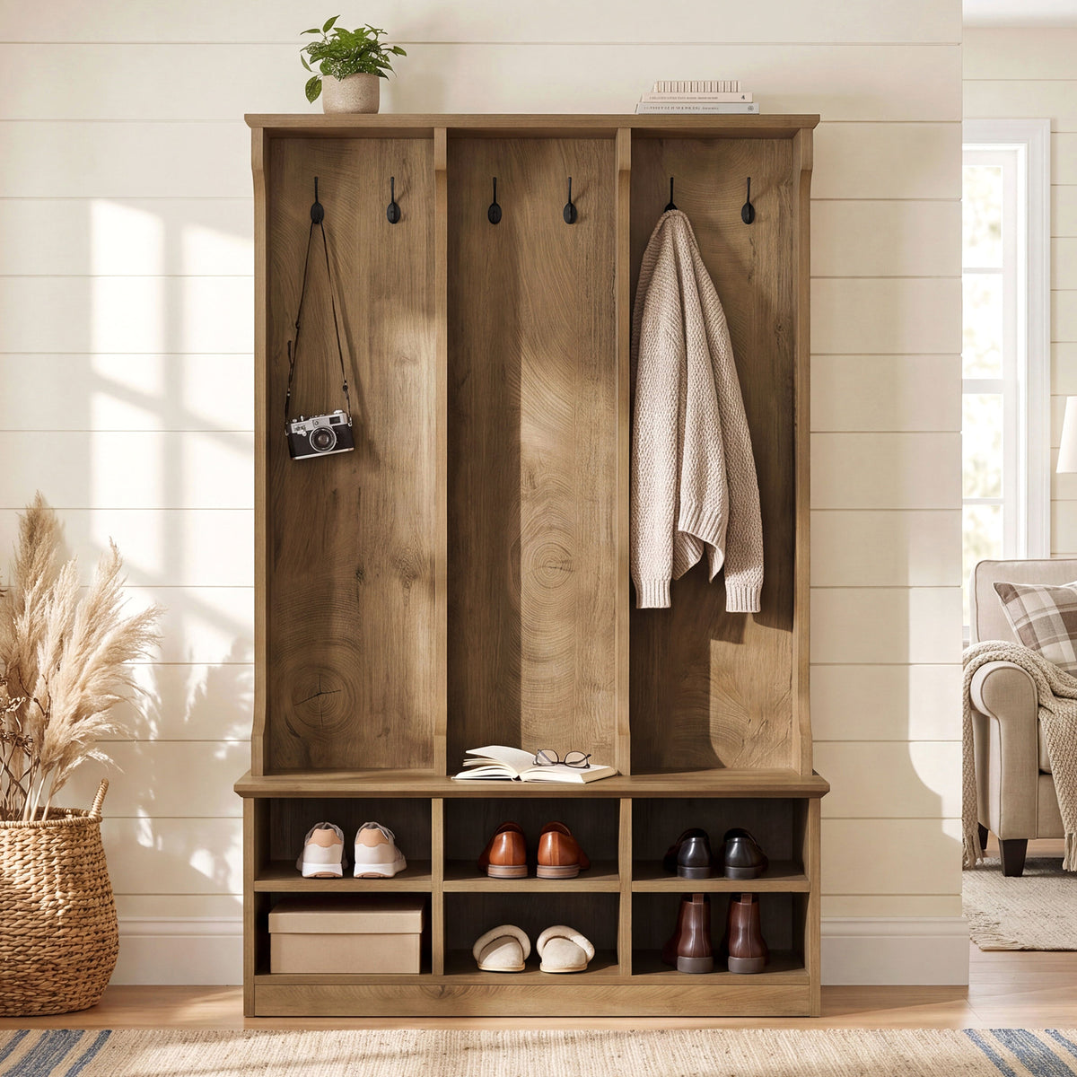 180cm Hall Tree, 3-in-1 Entryway Coat Rack with Shoe Bench & Storage