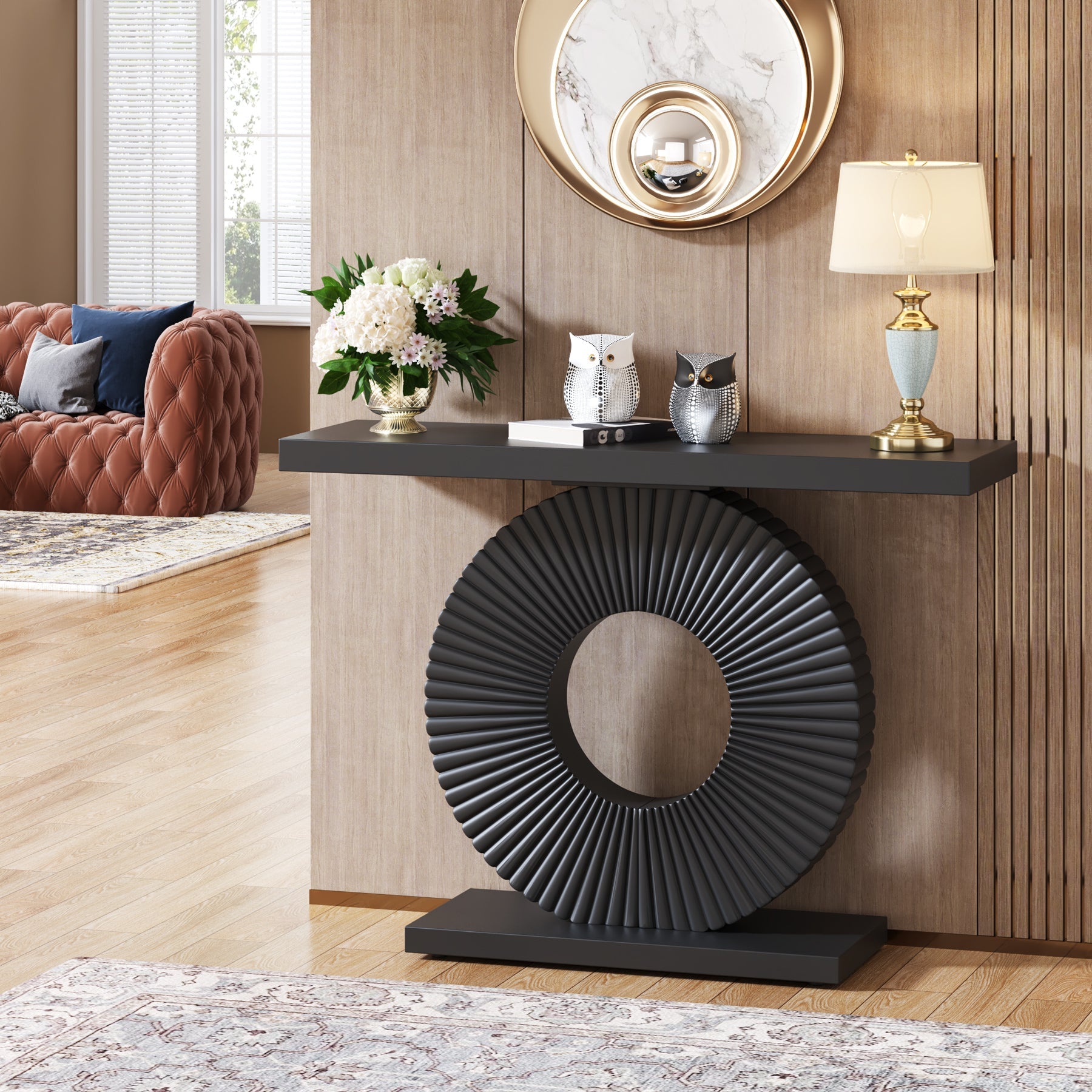 Modern Console Table 40" Wood Sofa Table with Geometric Base