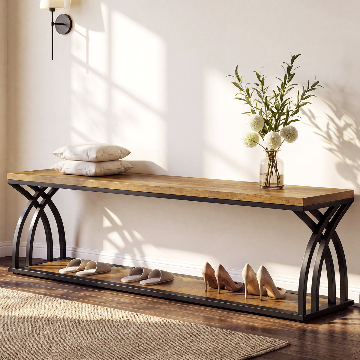 140cm Industrial Storage Bench with Shoe Rack, 2-Tier Entryway Bench for Hallway & End of Bed