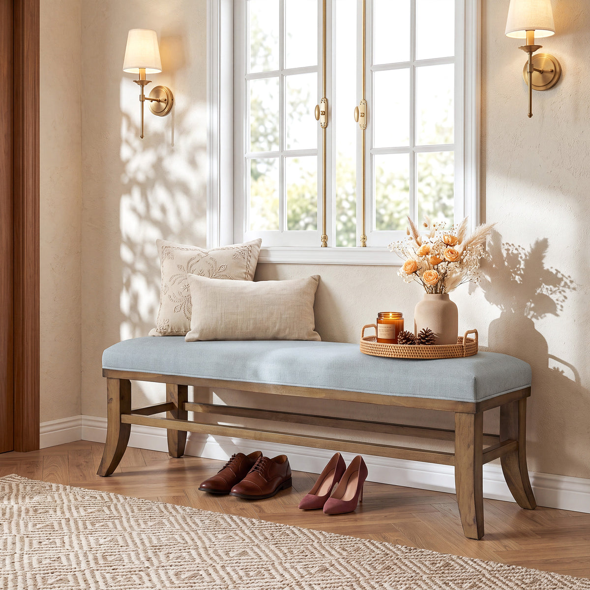 140cm Entryway Bench, Upholstered Wooden Bench with Linen Cushion & Solid Pine Frame