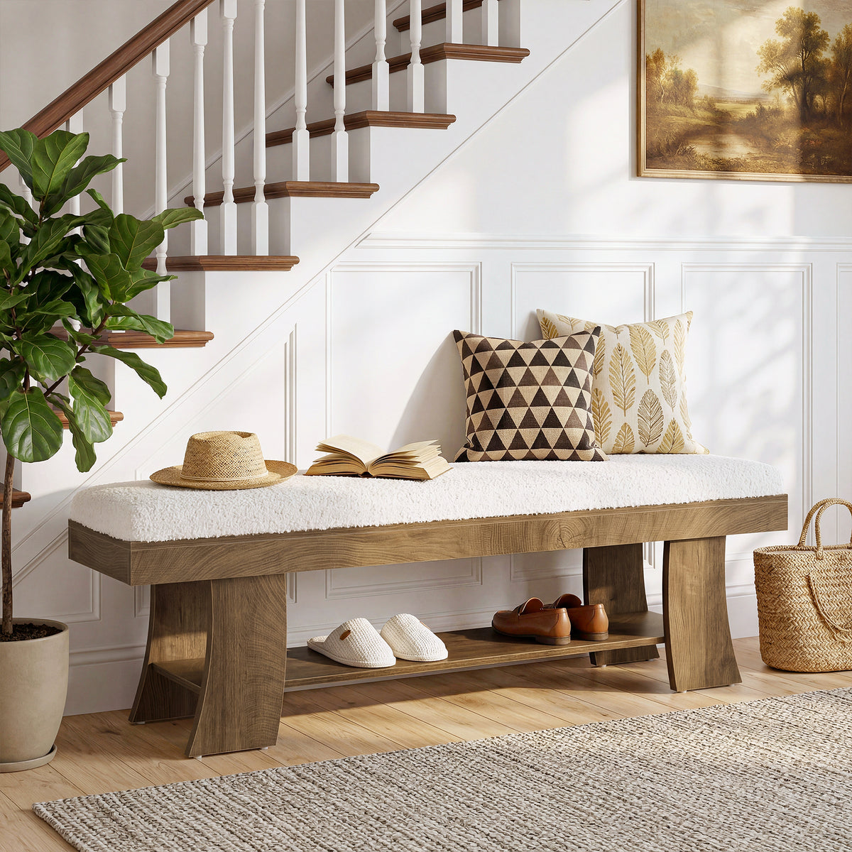 150cm Entryway Bench, Upholstered Shoe Bench with Cushion & Storage Shelf for Hallway