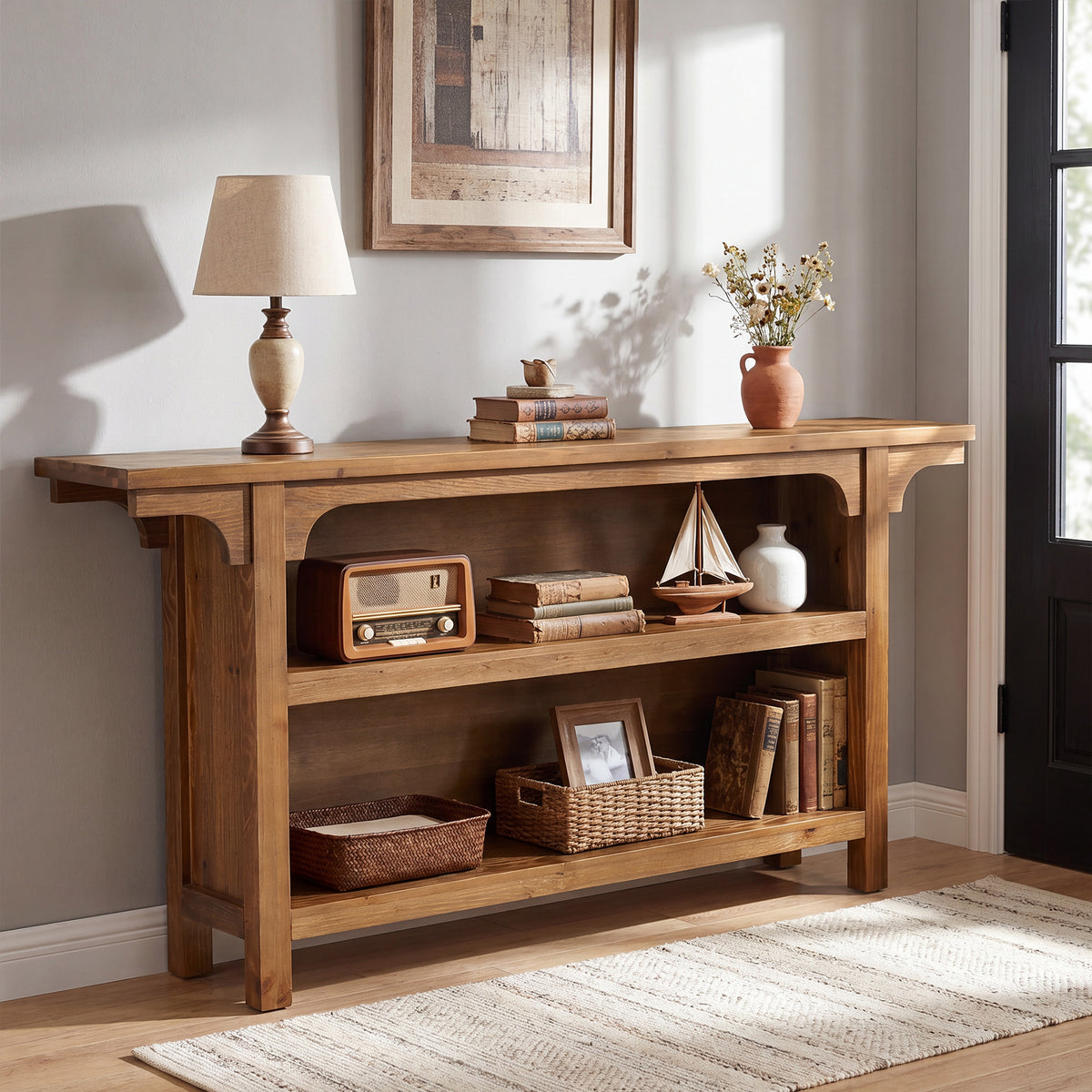 160cm Console Table, 3-Tier Narrow Hallway Table with Storage