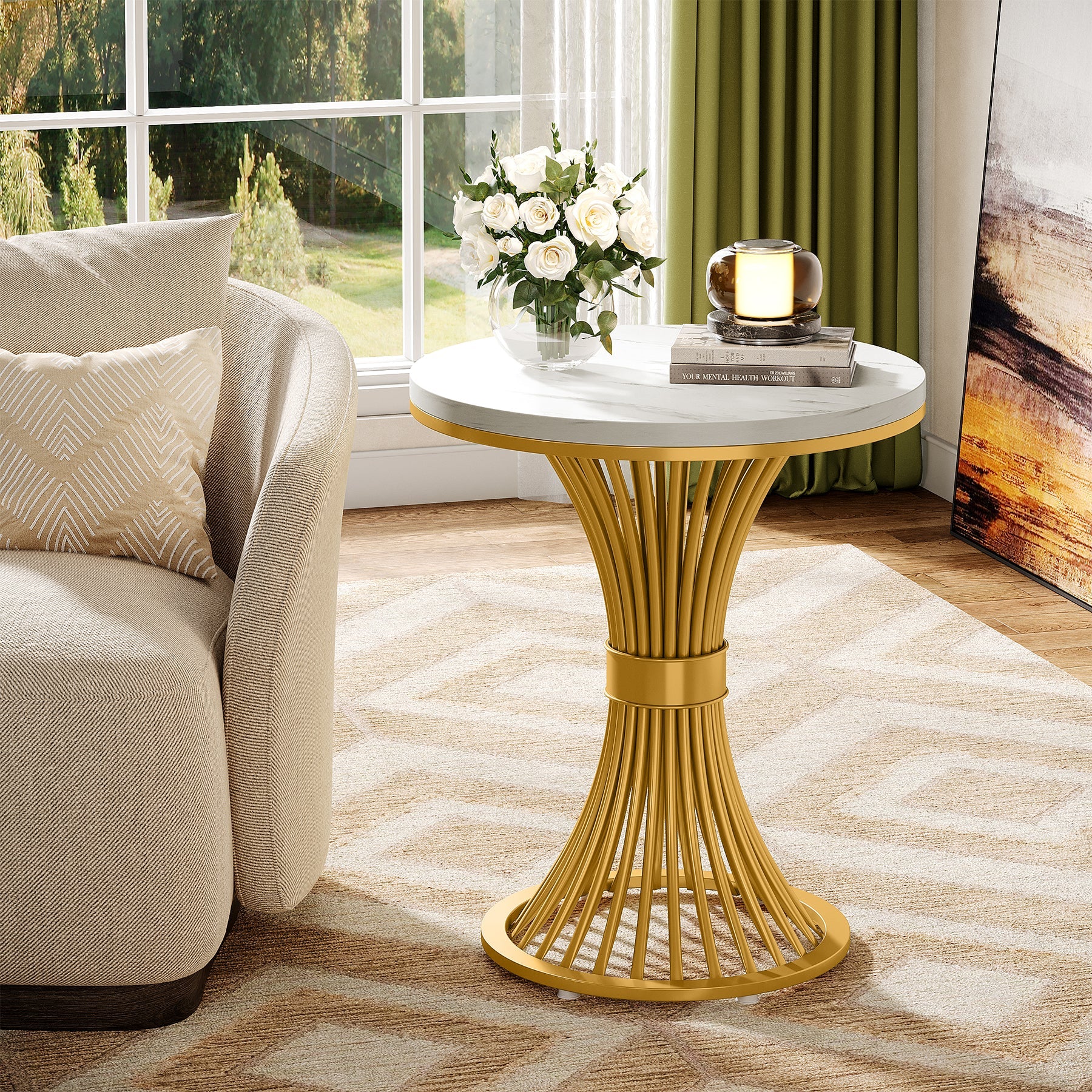Tribesigns 20-Inch Round End Table, Faux Marble Side Table with Gold Metal Base