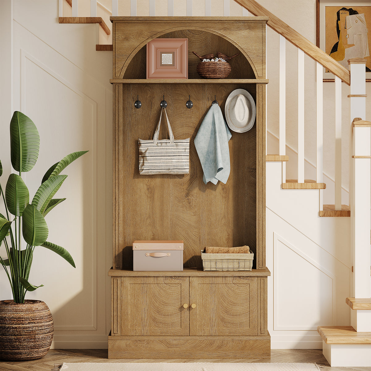 180cm Hall Tree, 4-in-1 Entryway Coat Rack with Shoe Bench & Storage Cabinet