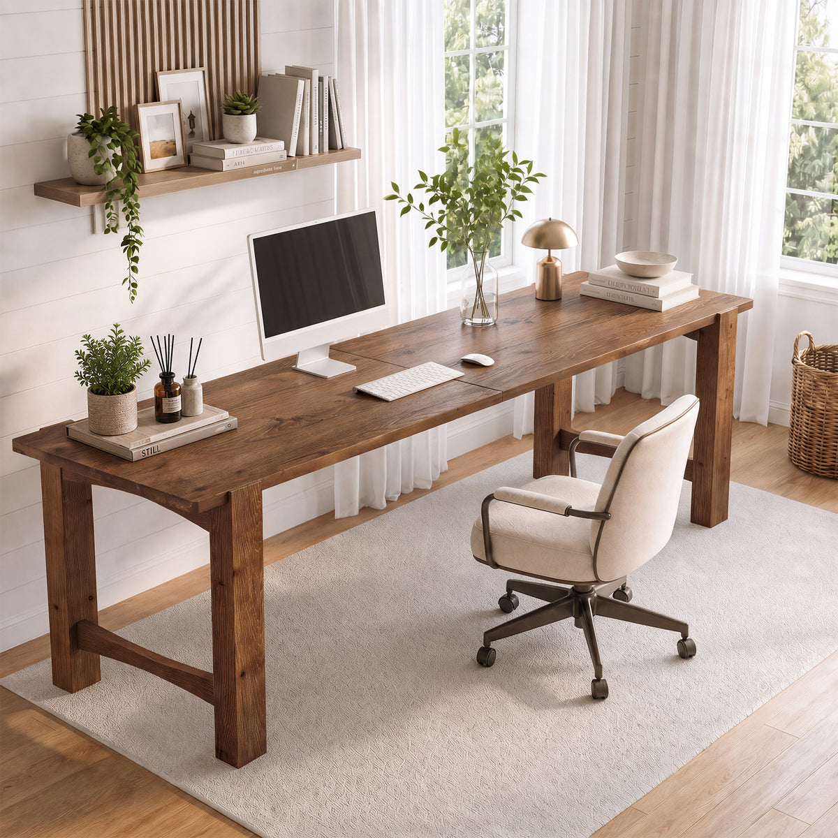 200cm 2-Person Computer Desk, Farmhouse Solid Wood with Thick Legs for Home Office