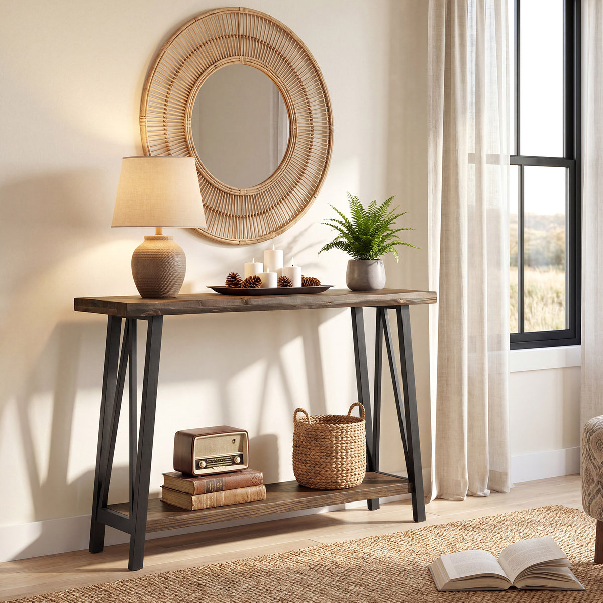 160cm Console Table, Industrial 2-Tier Live Edge Wood Top & Metal Frame for Hallway