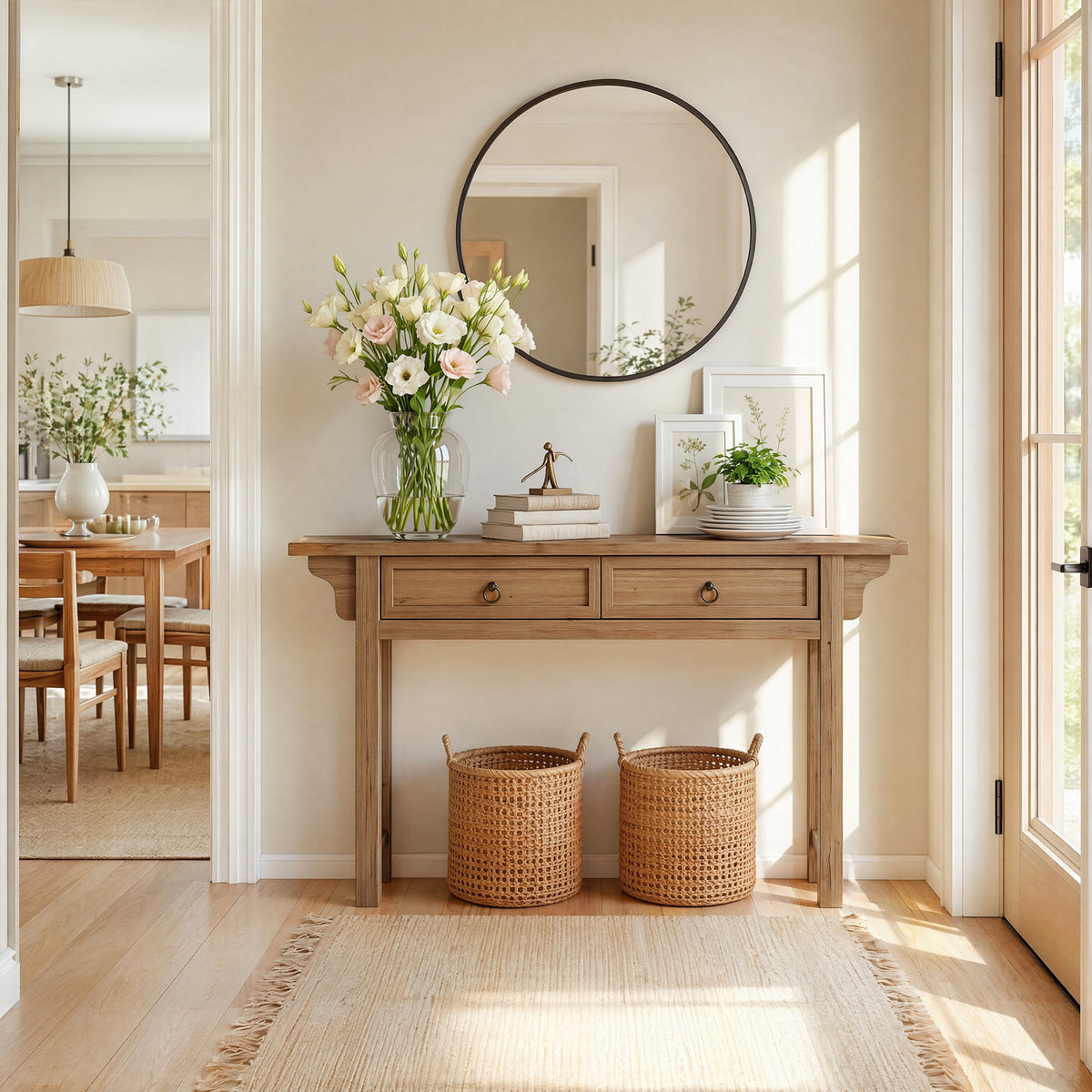 160cm Console Table, Solid Wood Narrow Hallway Table with 2 Drawers & Storage