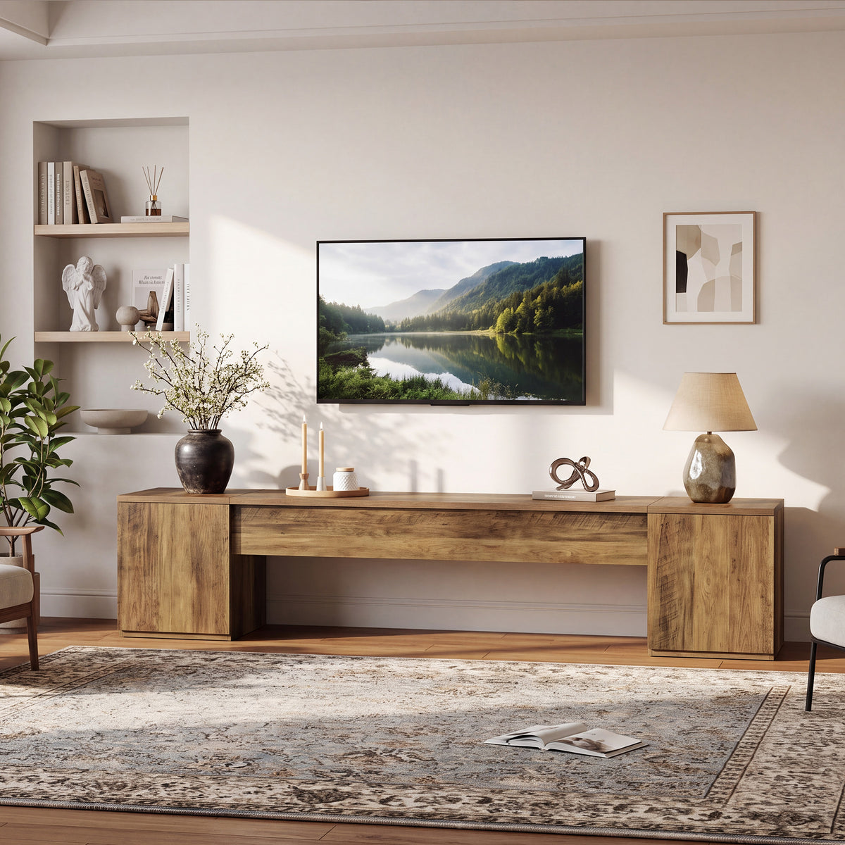 221cm TV Stand, Extra Long Entertainment Centre with 2 Storage Cabinets for up to 95" TVs