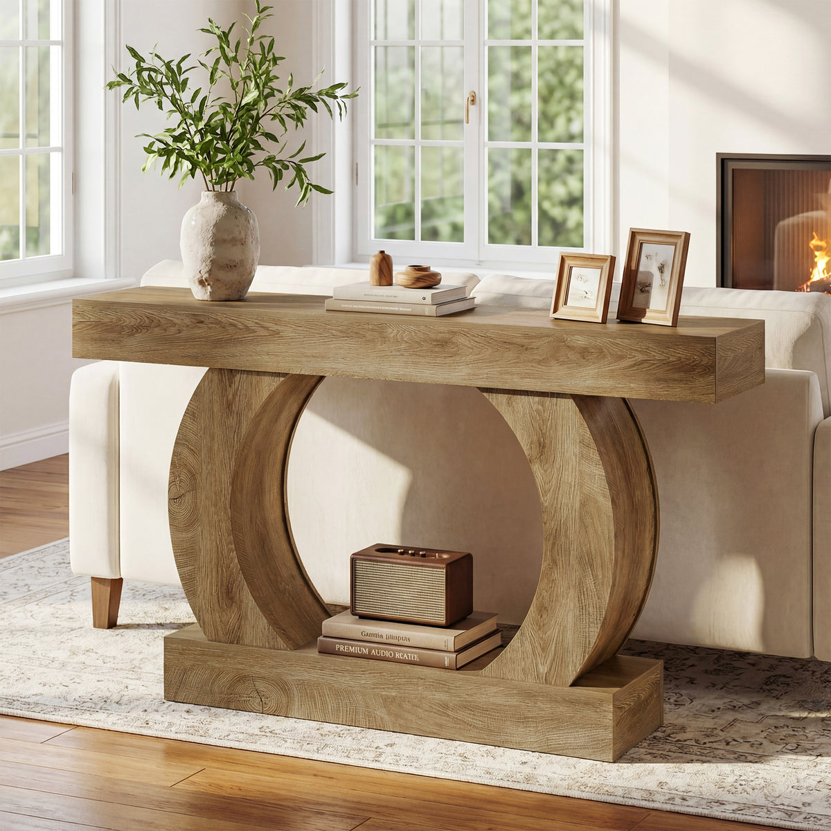 Rustic console table, 150 x 30 x 85 cm, with an open, round base,narrow two-tier hall table for hallways and living rooms