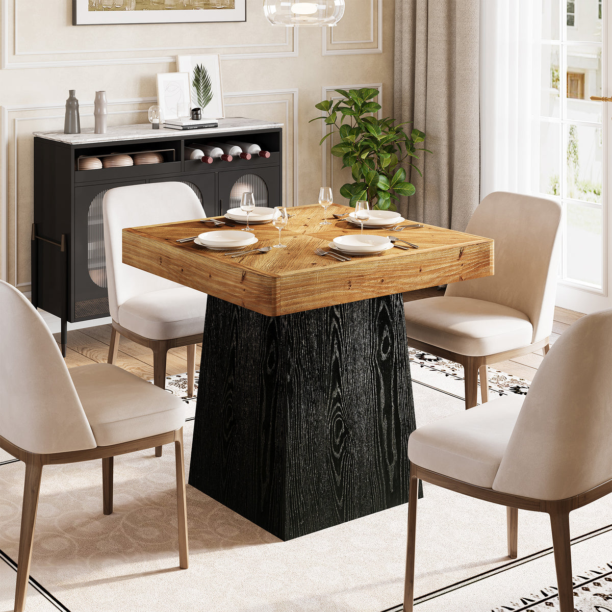 80cm Square Dining Table, Industrial Solid Wood Kitchen Table with Parquet Top & Tapered Base