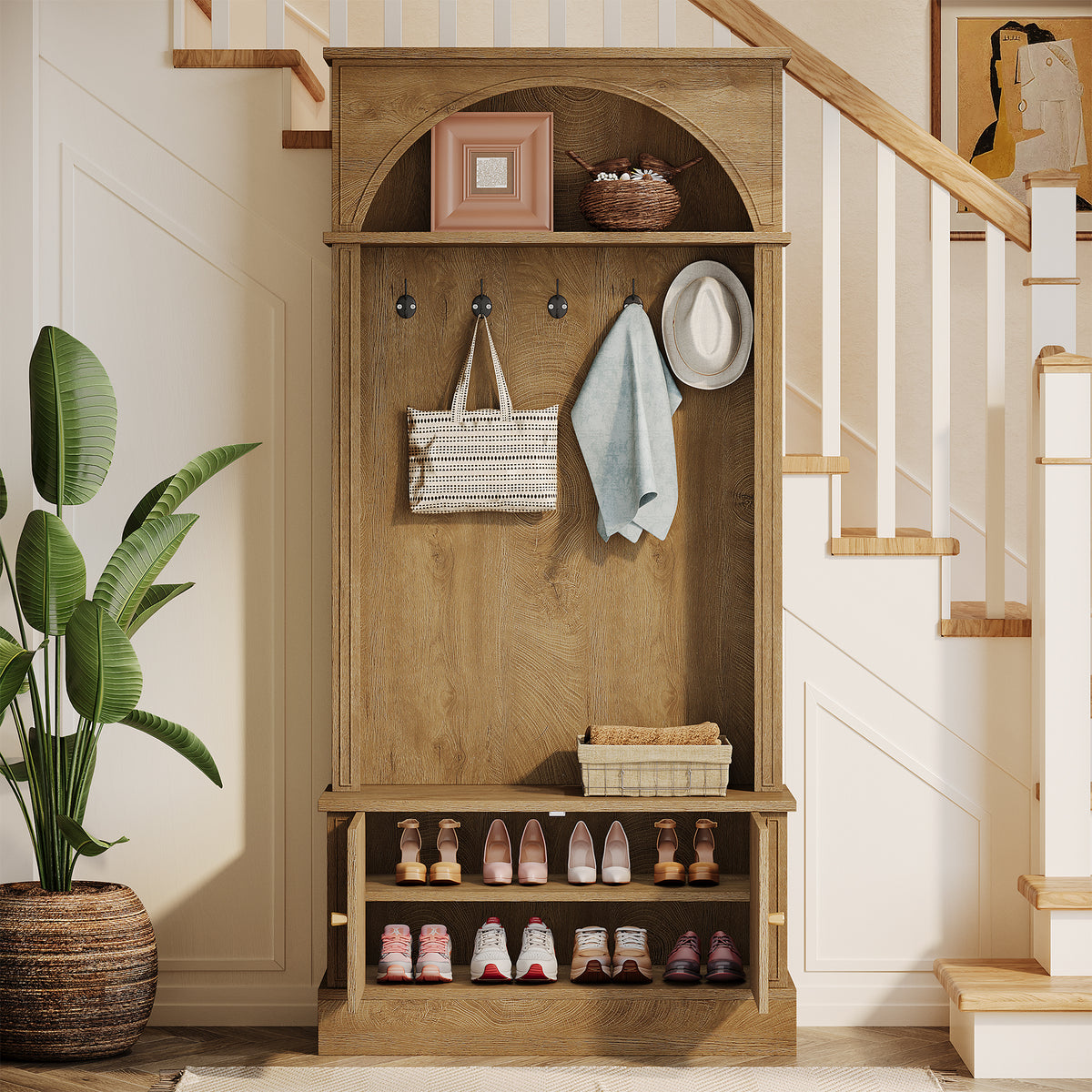 180cm Hall Tree, 4-in-1 Entryway Coat Rack with Shoe Bench & Storage Cabinet