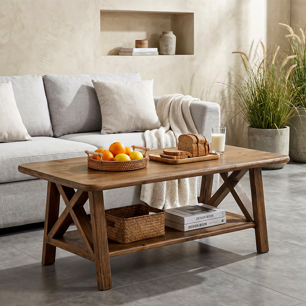 120cm Rectangular Coffee Table, Country Solid Wood with Storage Shelf for Living Room
