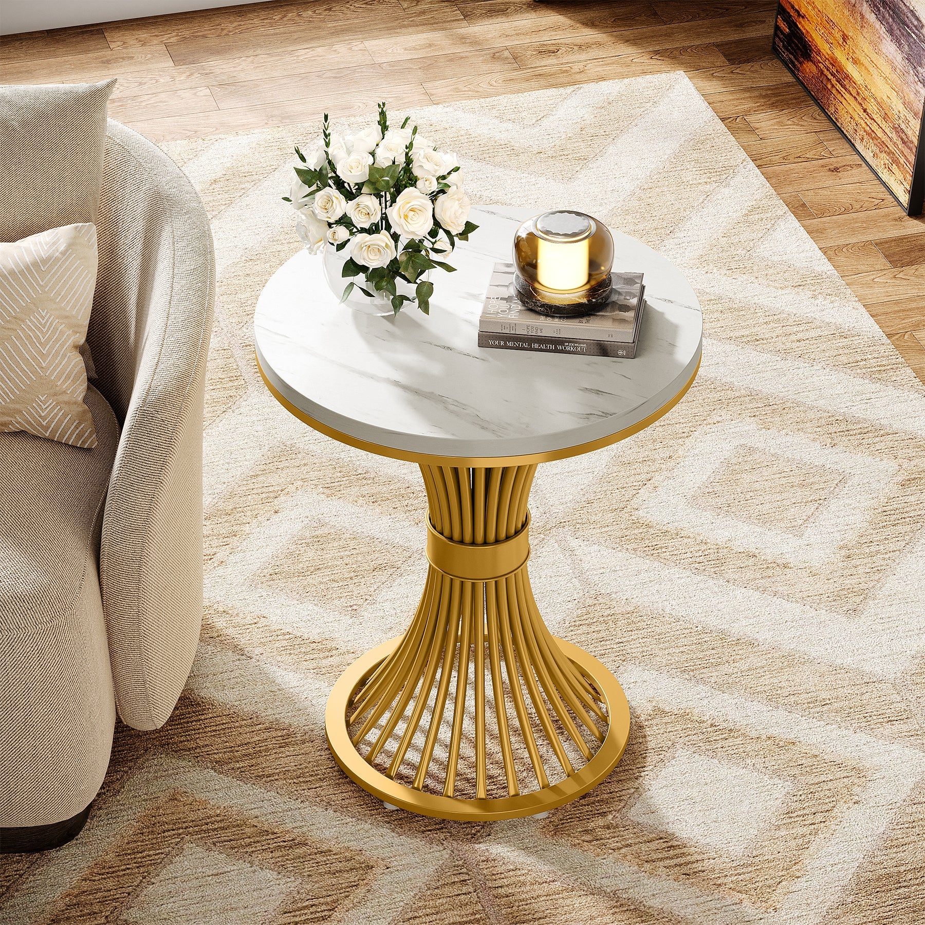 Tribesigns 20-Inch Round End Table, Faux Marble Side Table with Gold Metal Base