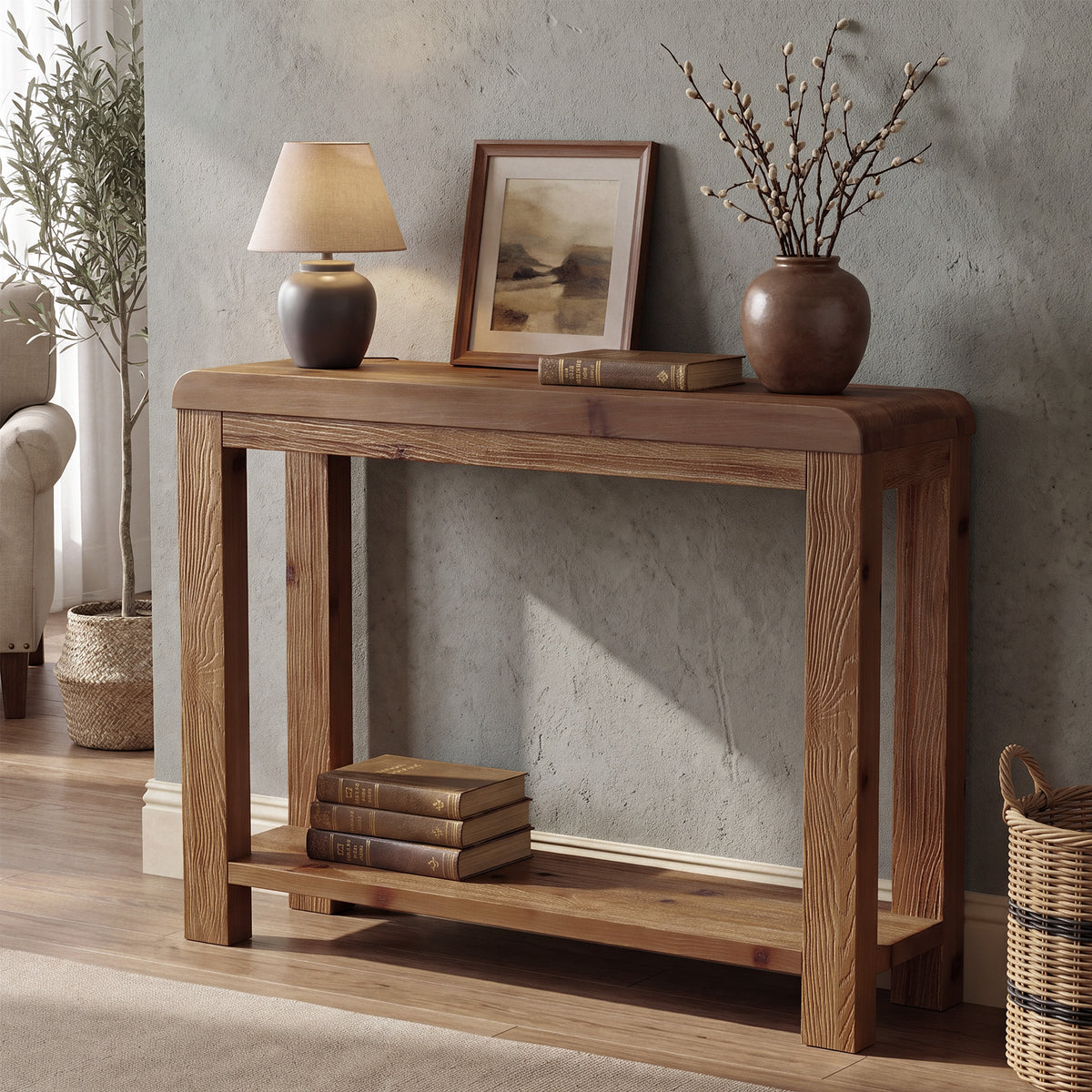 105cm Console Table, Solid Wood Farmhouse Sofa Table with Open Shelf Storage for Hallway Living Room