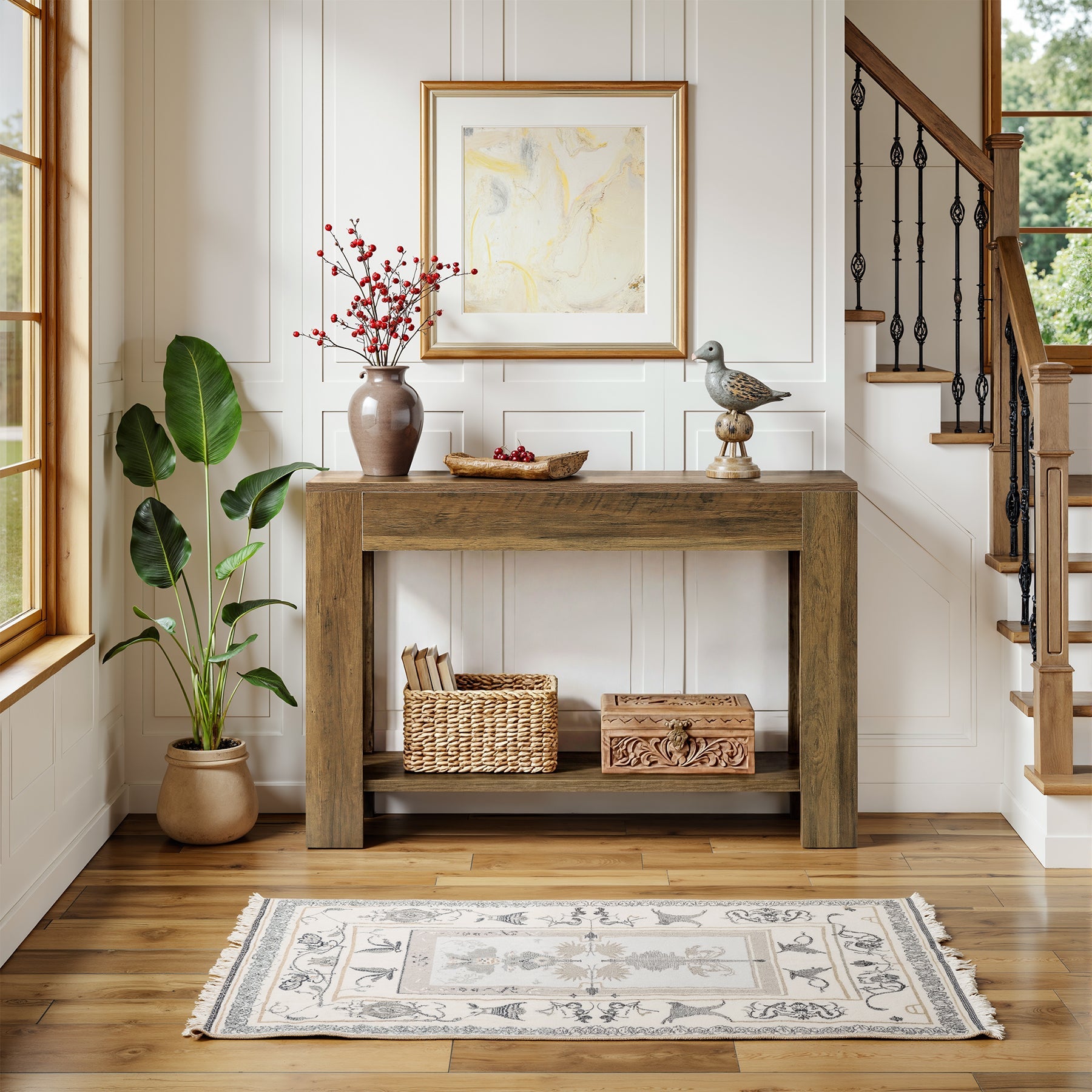 105cm Farmhouse Console Table with 2-Tier Shelf, Narrow Entryway Sofa Table with Storage