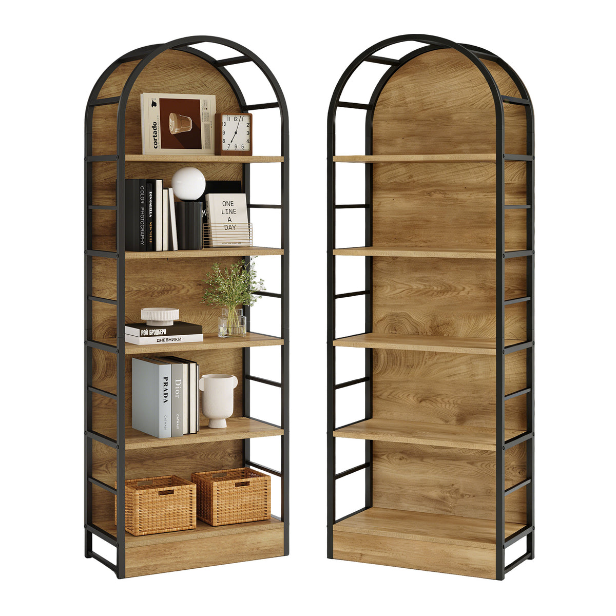 180cm Arched Bookshelf, Tall Wooden Storage Shelf for Living Room