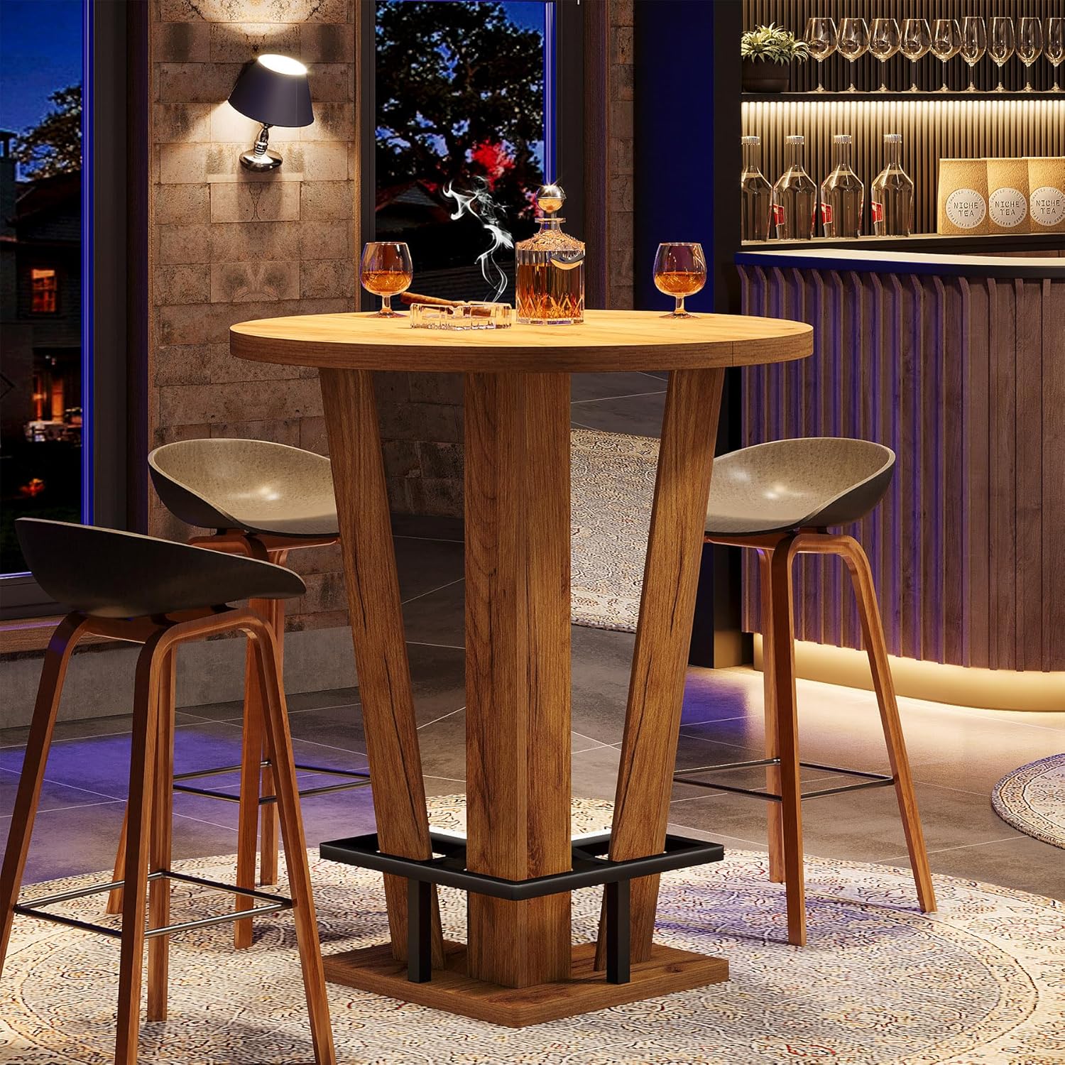 31.5" Bar Table, High Top Cocktail Bistro Pub Table with Metal Footrest Tribesigns