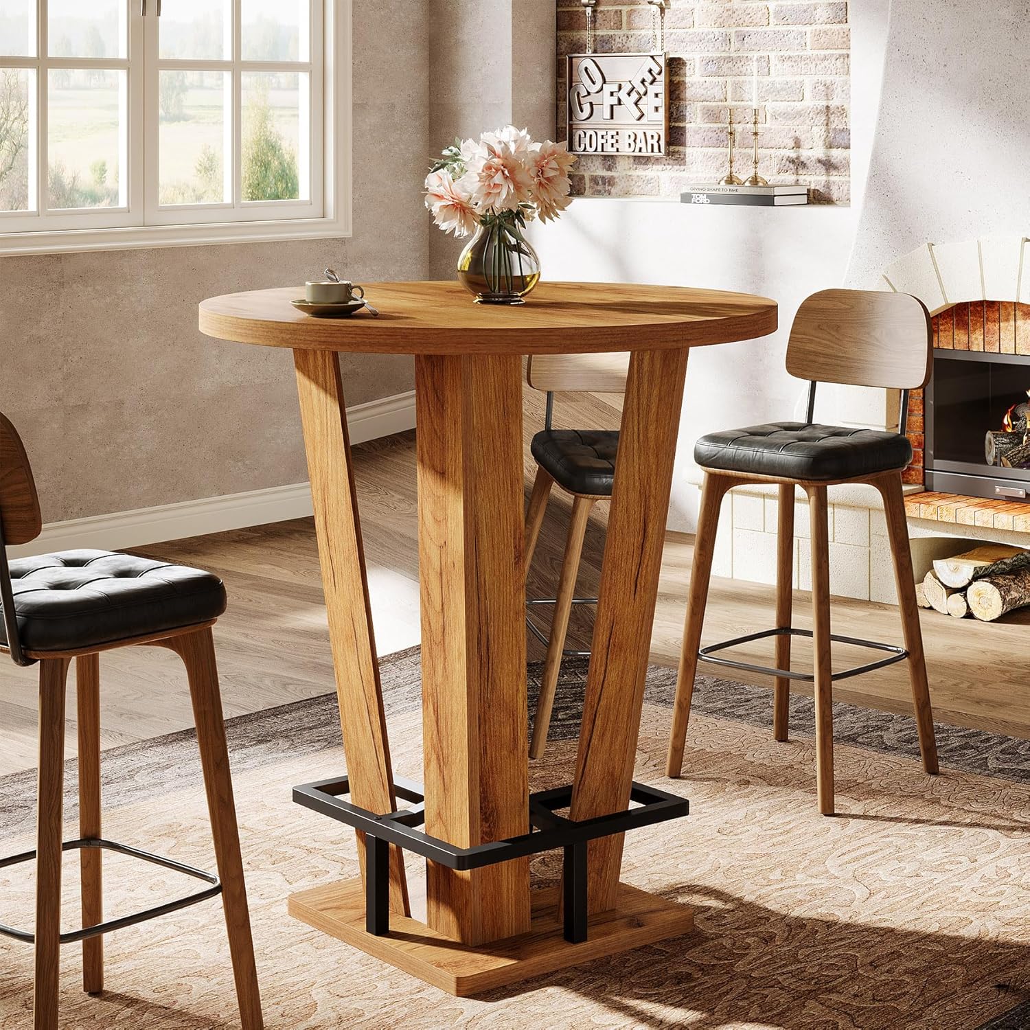 31.5" Bar Table, High Top Cocktail Bistro Pub Table with Metal Footrest Tribesigns