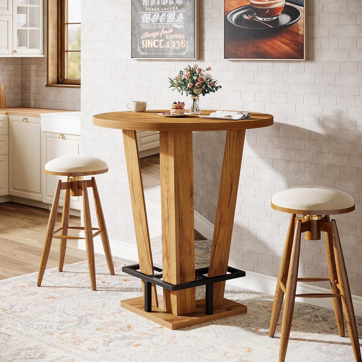 31.5" Bar Table, High Top Cocktail Bistro Pub Table with Metal Footrest Tribesigns