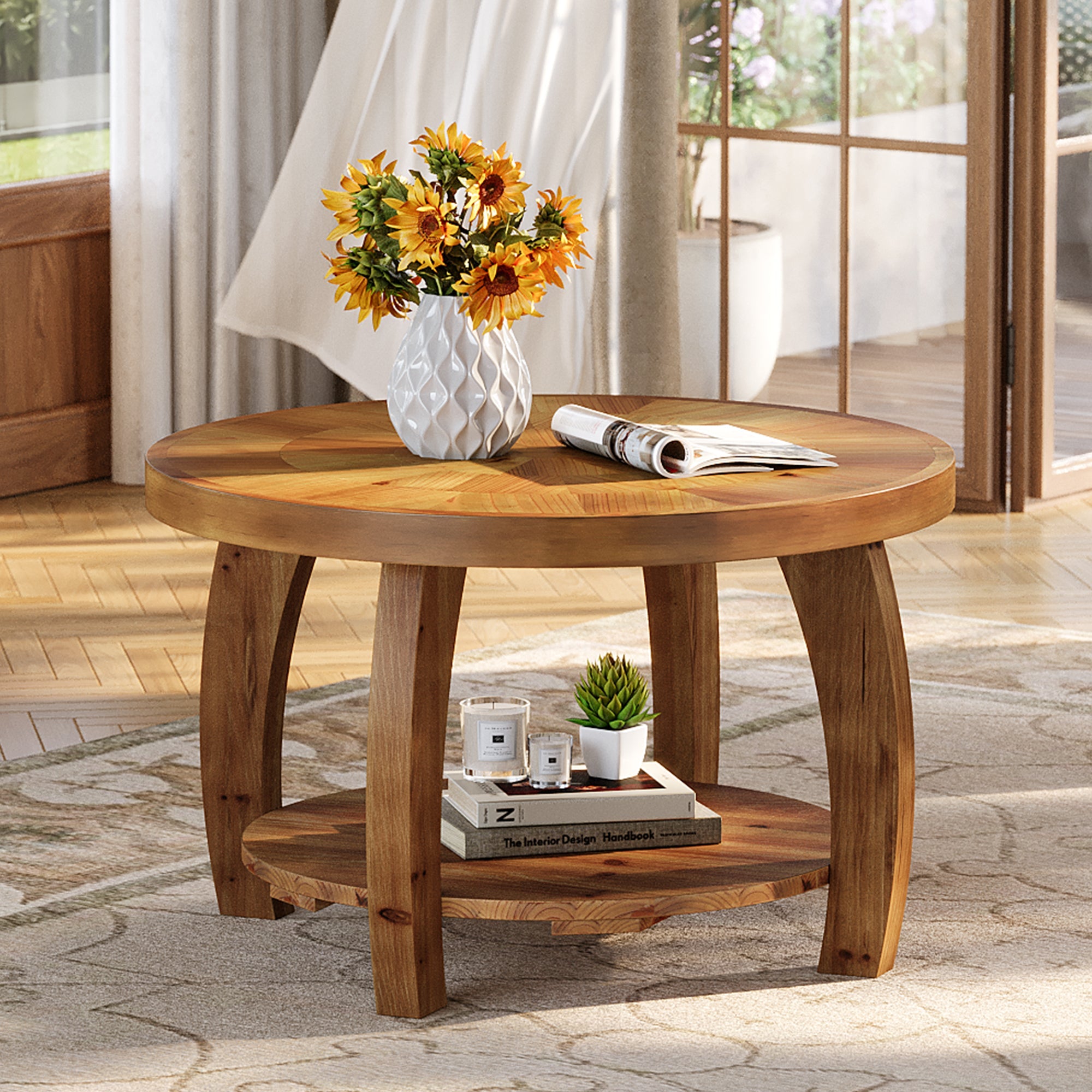31.5" Round Coffee Table, 2-Tier Solid Wood Center Table with Mosaic Pattern