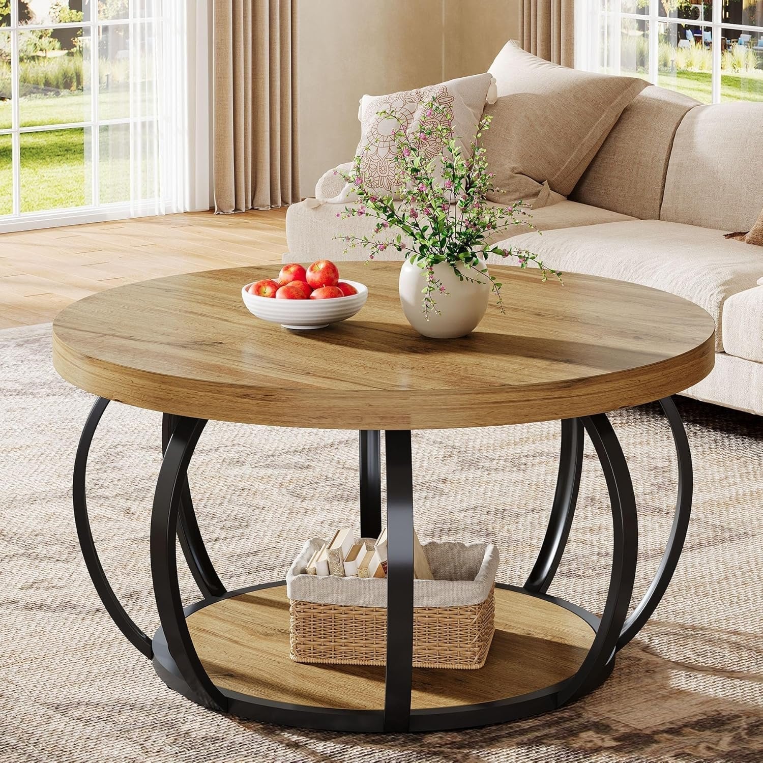 31.5" Round Coffee Table, 2-Tier Farmhouse Center Table with Wood & Black Metal for Living Room
