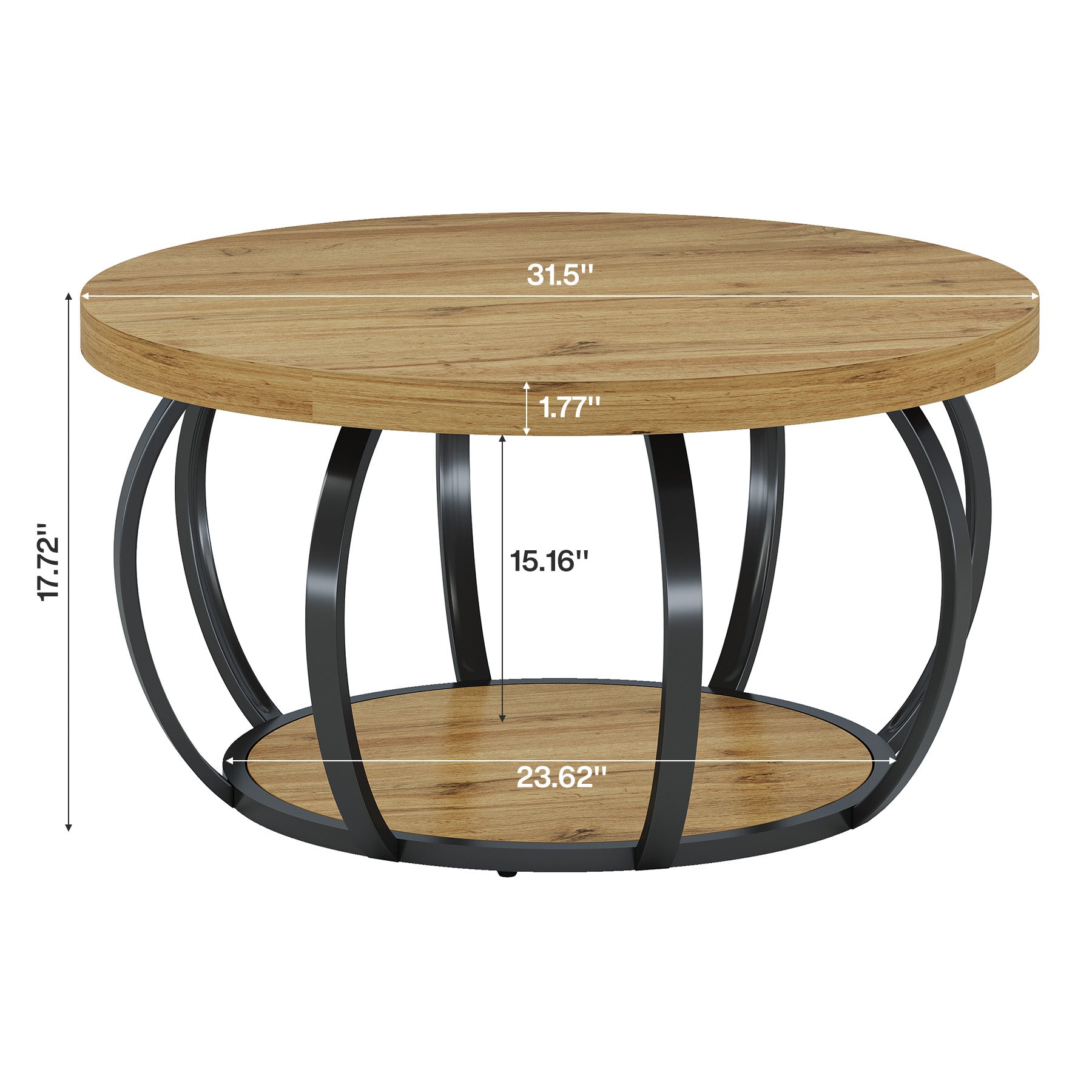 31.5" Round Coffee Table, 2-Tier Farmhouse Center Table with Wood & Black Metal for Living Room