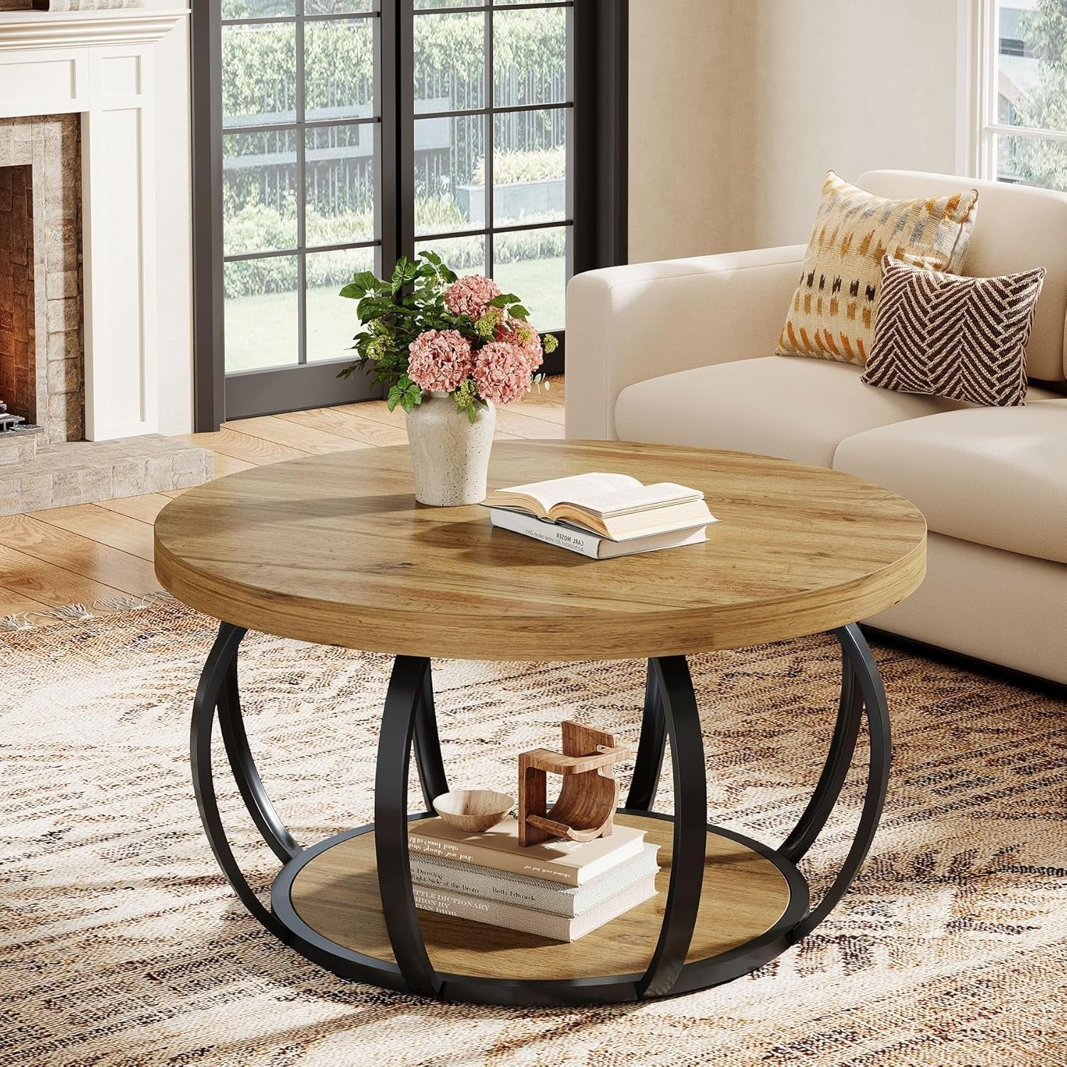 31.5" Round Coffee Table, 2-Tier Farmhouse Center Table with Wood & Black Metal for Living Room