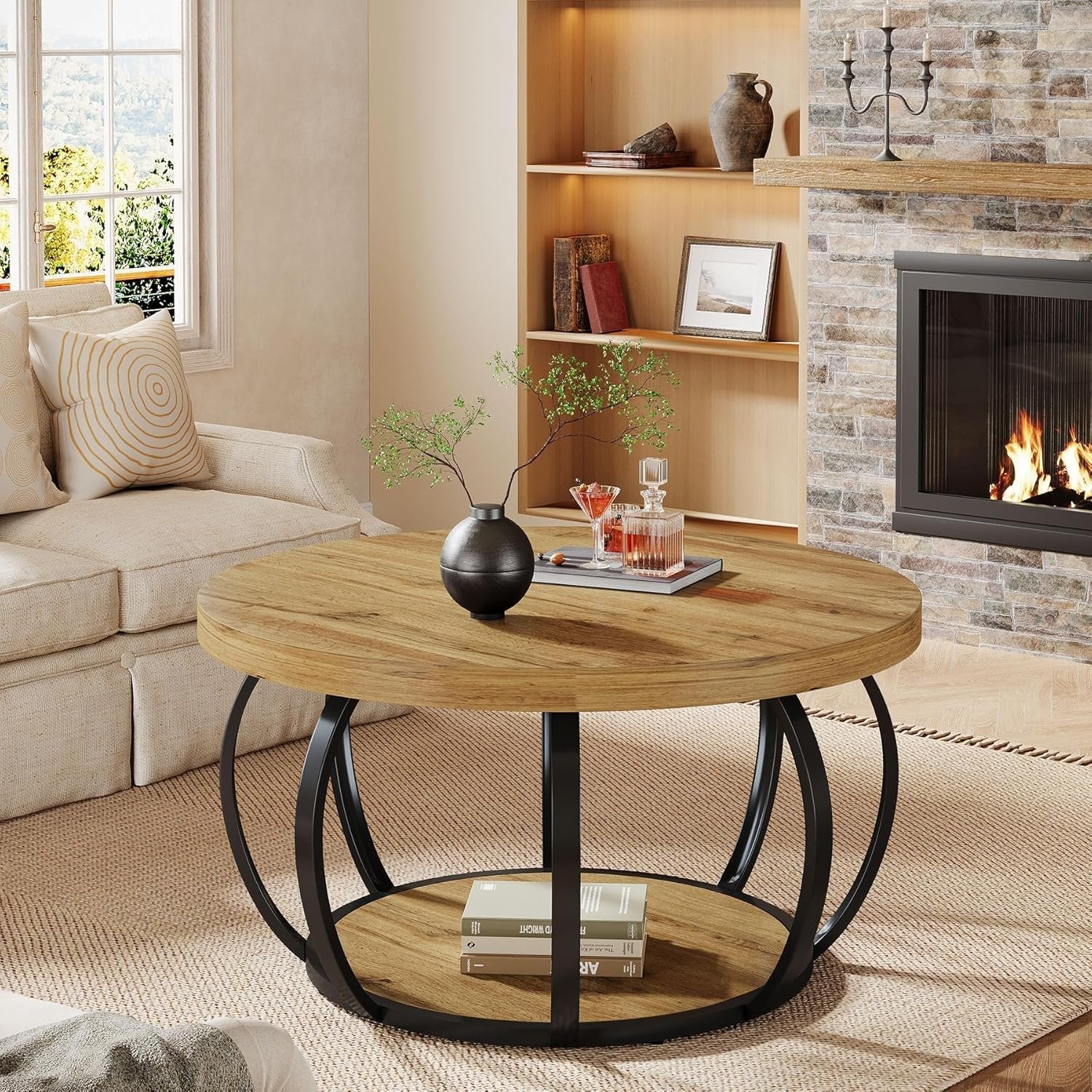 31.5" Round Coffee Table, 2-Tier Farmhouse Center Table with Wood & Black Metal for Living Room