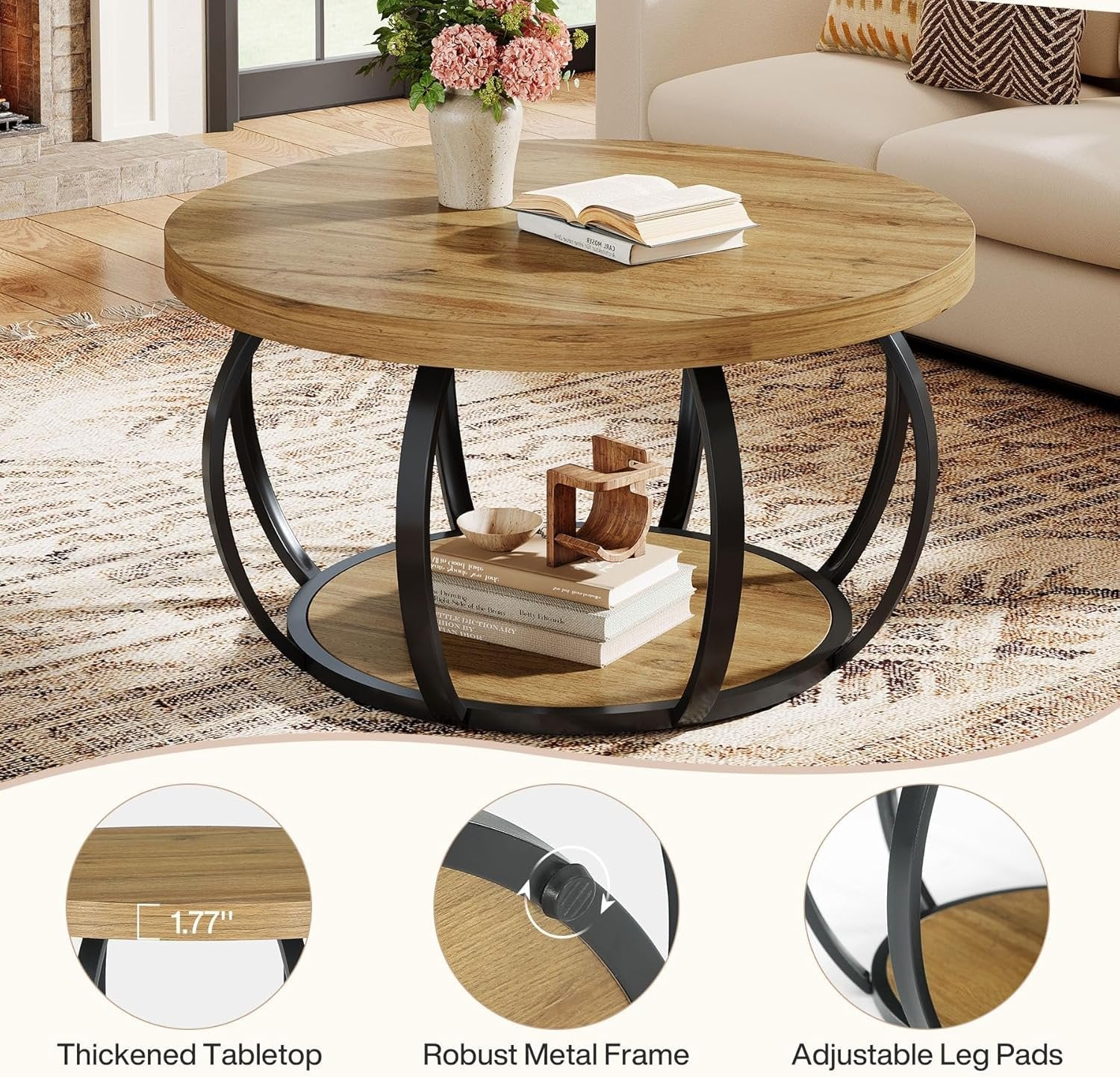 31.5" Round Coffee Table, 2-Tier Farmhouse Center Table with Wood & Black Metal for Living Room