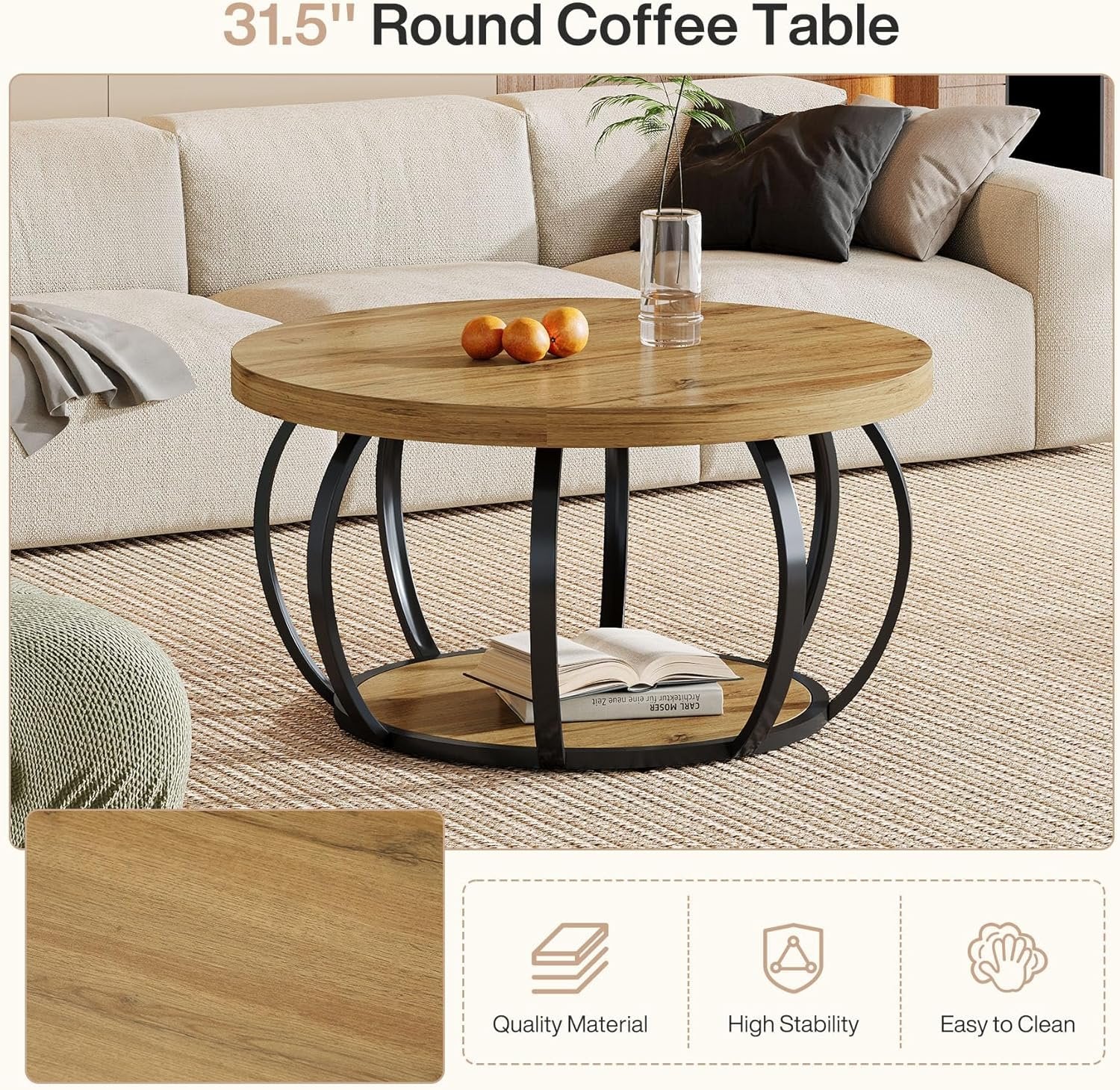 31.5" Round Coffee Table, 2-Tier Farmhouse Center Table with Wood & Black Metal for Living Room