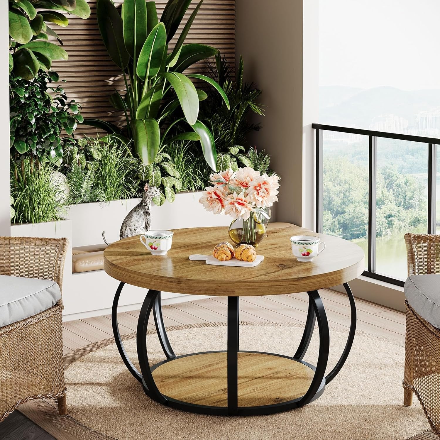 31.5" Round Coffee Table, 2-Tier Farmhouse Center Table with Wood & Black Metal for Living Room
