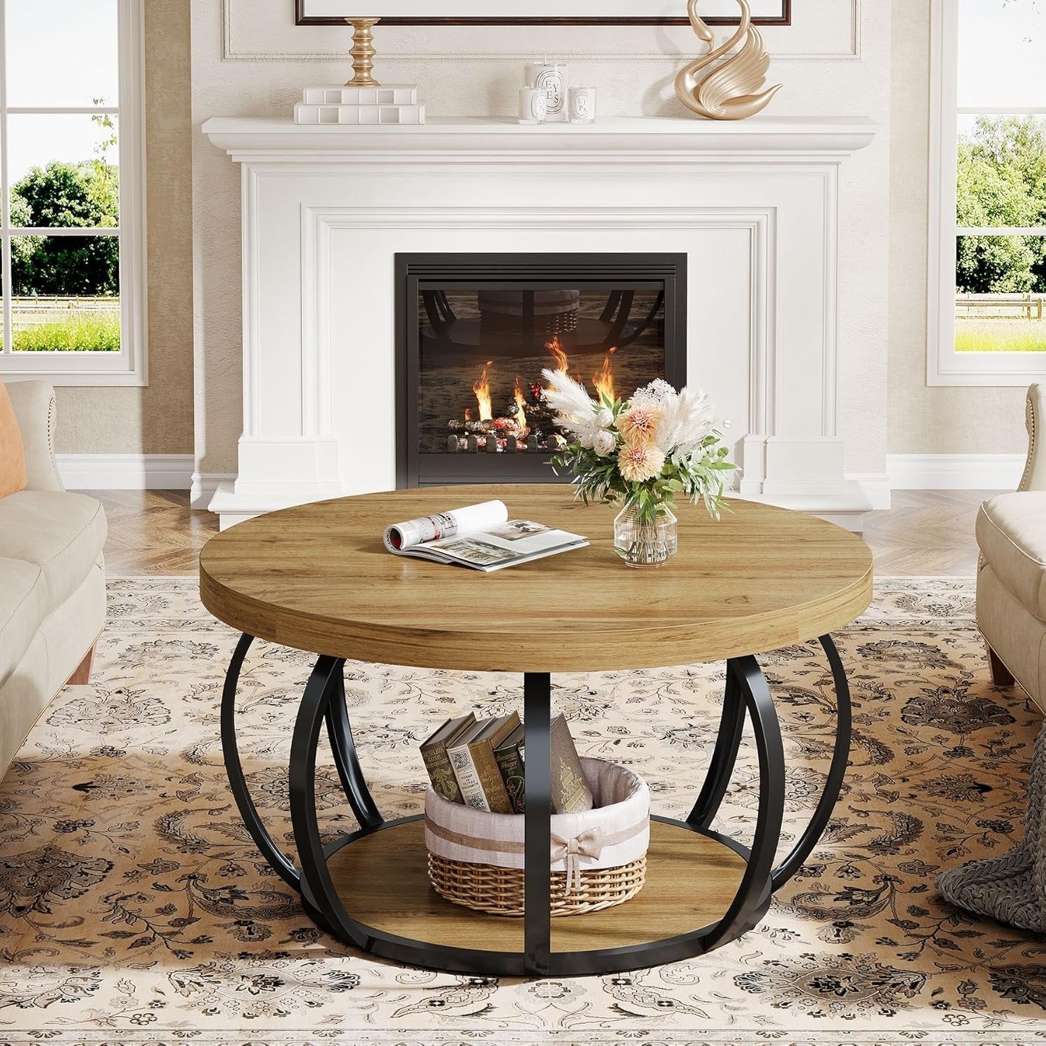 31.5" Round Coffee Table, 2-Tier Farmhouse Center Table with Wood & Black Metal for Living Room