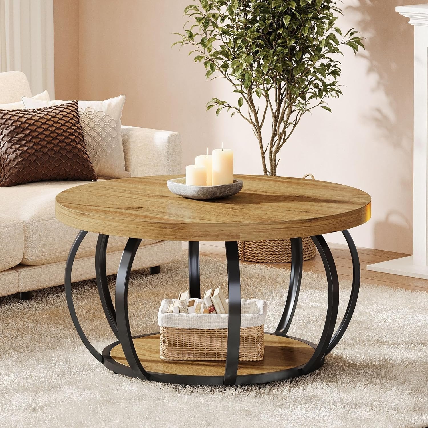 31.5" Round Coffee Table, 2-Tier Farmhouse Center Table with Wood & Black Metal for Living Room