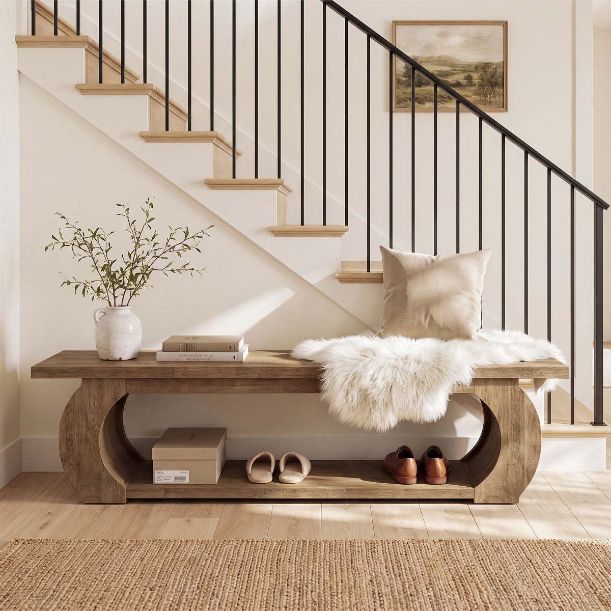 160cm Entryway Bench, Farmhouse Wooden Shoe Bench with Storage Shelf for Hallway