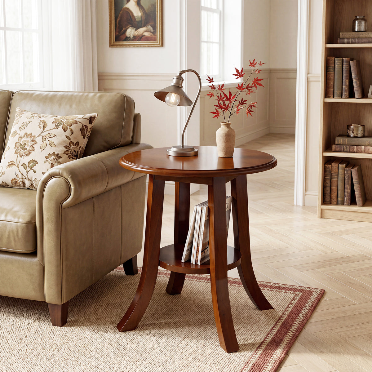 50cm Round Side Table, Vintage Solid Wood 2-Tier End Table with Curved Legs for Living Room