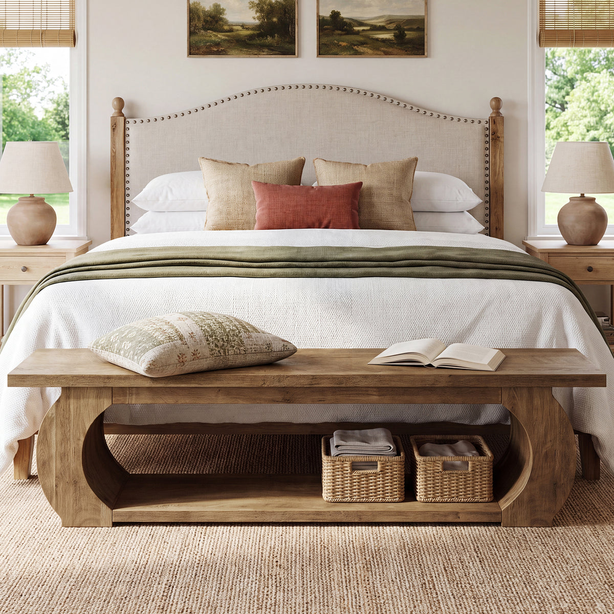 160cm Bedroom Bench, Country Storage Bench with Open Shelf & Curved Wood Frame