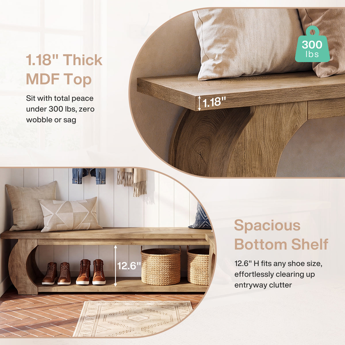 160cm Entryway Bench, Farmhouse Wooden Shoe Bench with Storage Shelf for Hallway