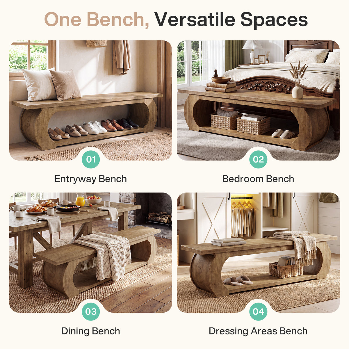 160cm Bedroom Bench, Country Storage Bench with Open Shelf & Curved Wood Frame