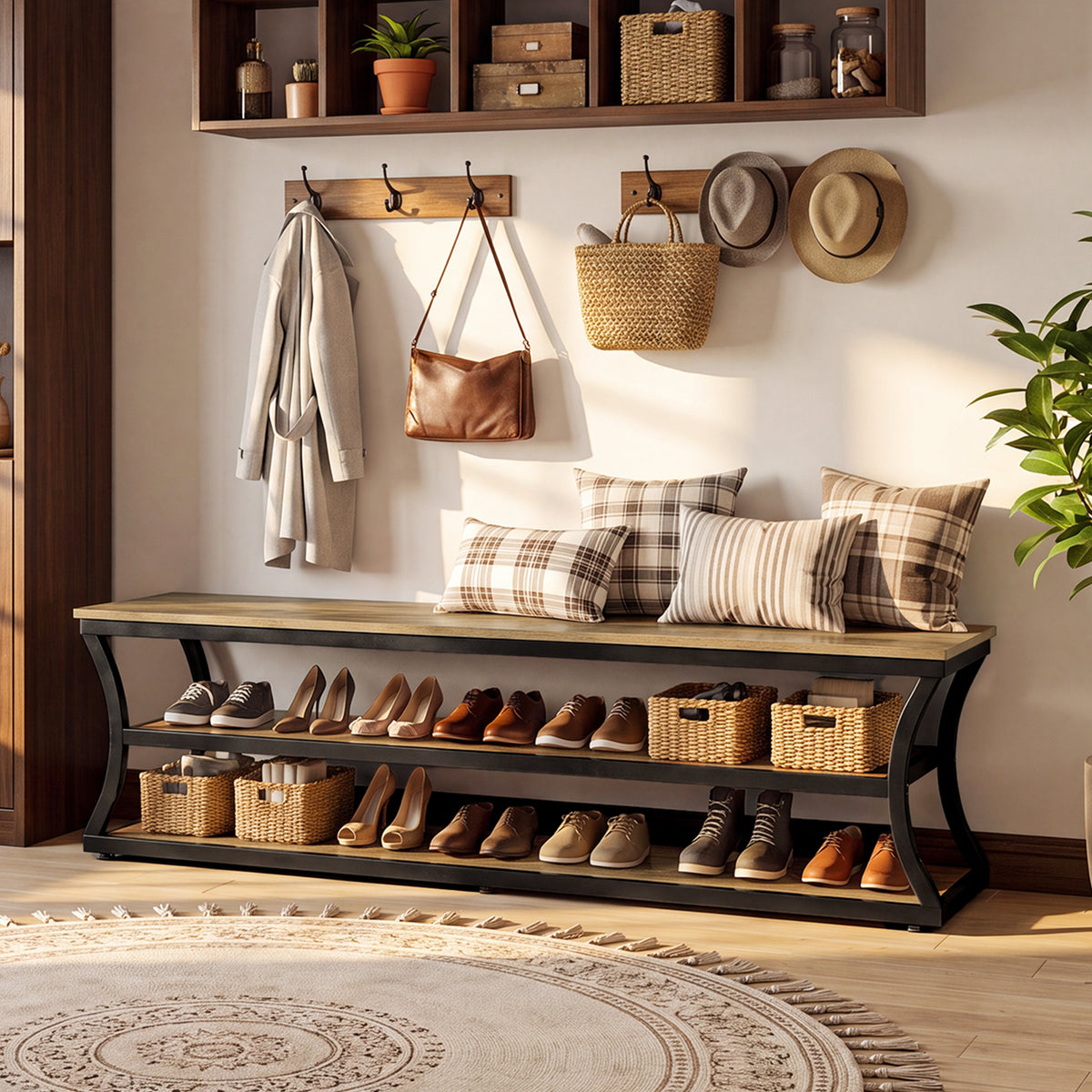 100cm Shoe Bench, 3-Tier Entryway Bench with Seat & Metal Frame