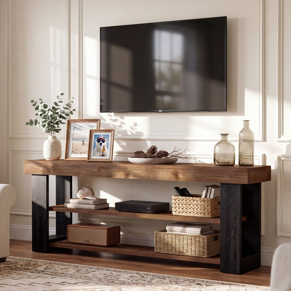 160cm TV Stand, Farmhouse Solid Wood Media Console for 65-70" TVs