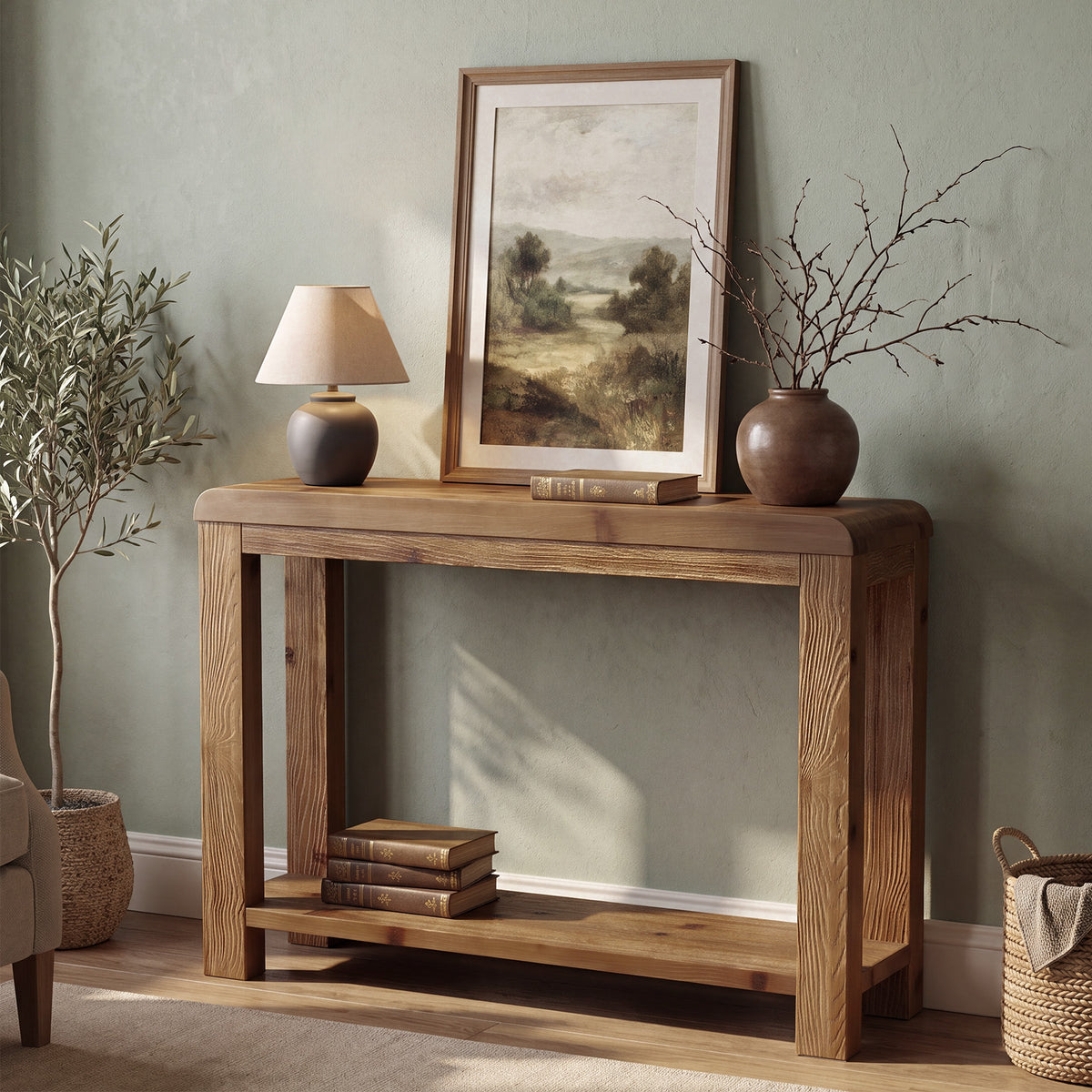 105cm Console Table, Solid Wood Farmhouse Sofa Table with Open Shelf Storage for Hallway Living Room